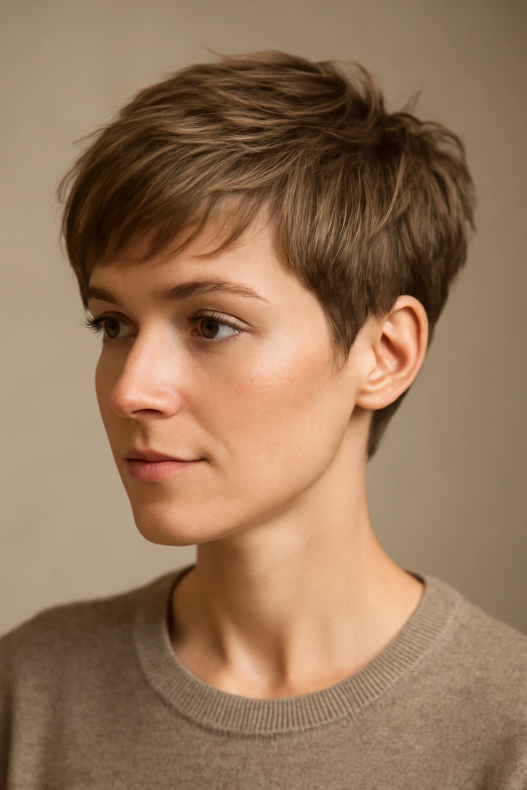 Close-up of a person with a modern pixie cut showing textured top and shaved sides, studio lighting.