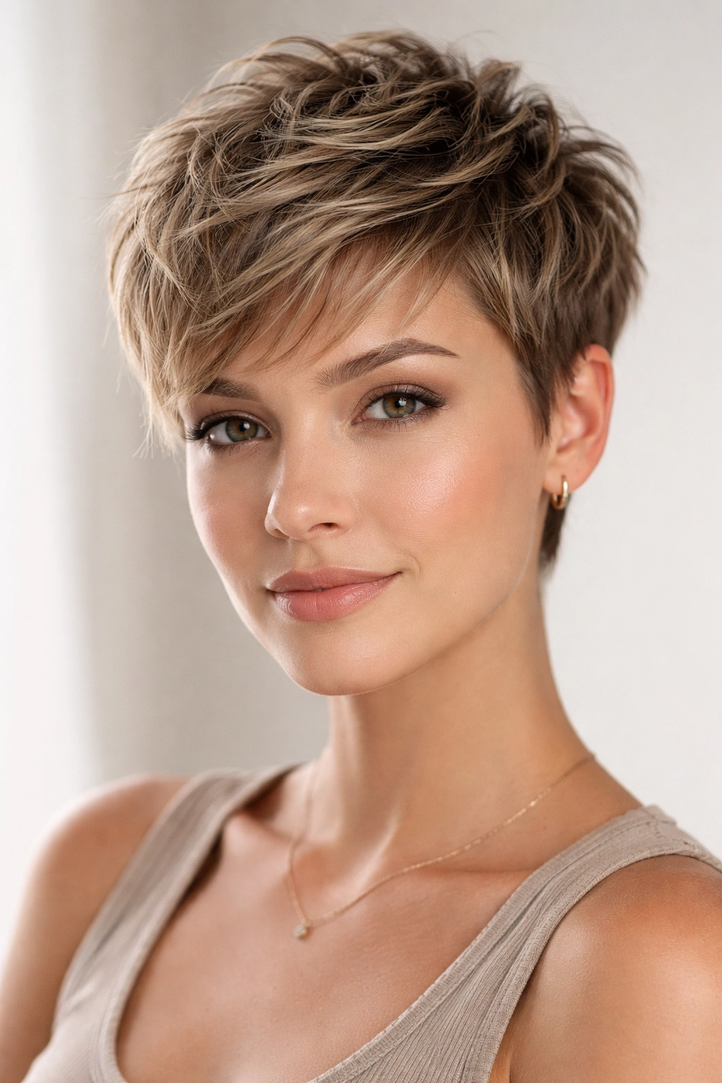 Close-up of a textured pixie cut with layered short sides and longer top