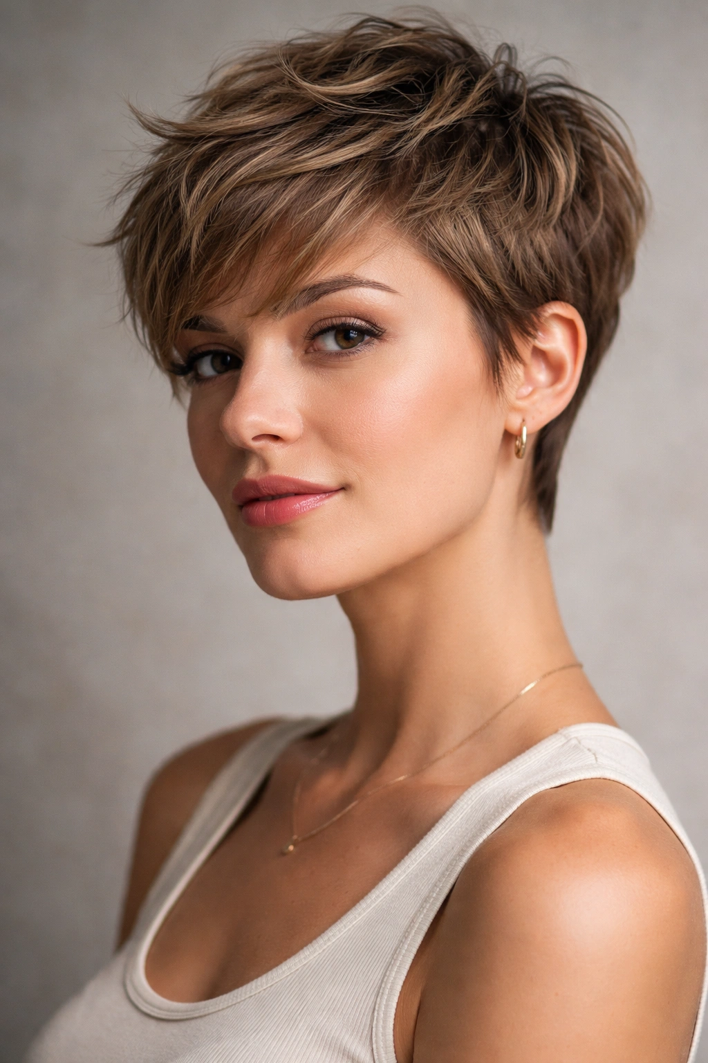 Close-up of a model with a textured pixie cut showing tousled layers
