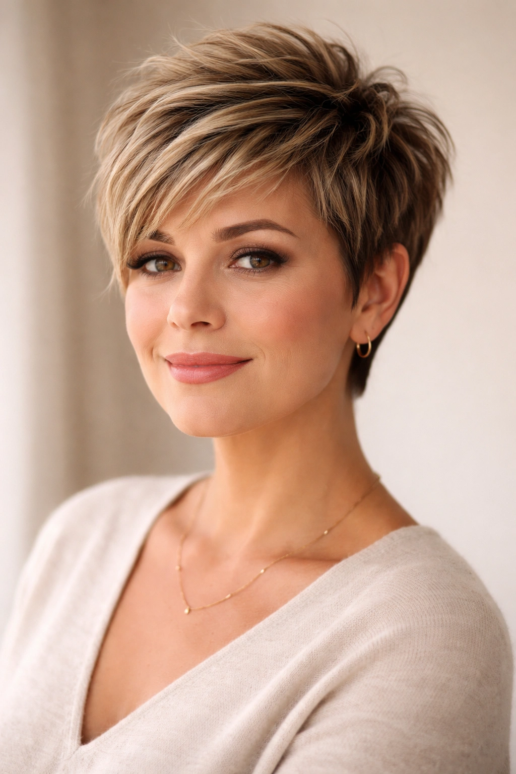 Close-up of a textured pixie cut with length on top and choppy layers.