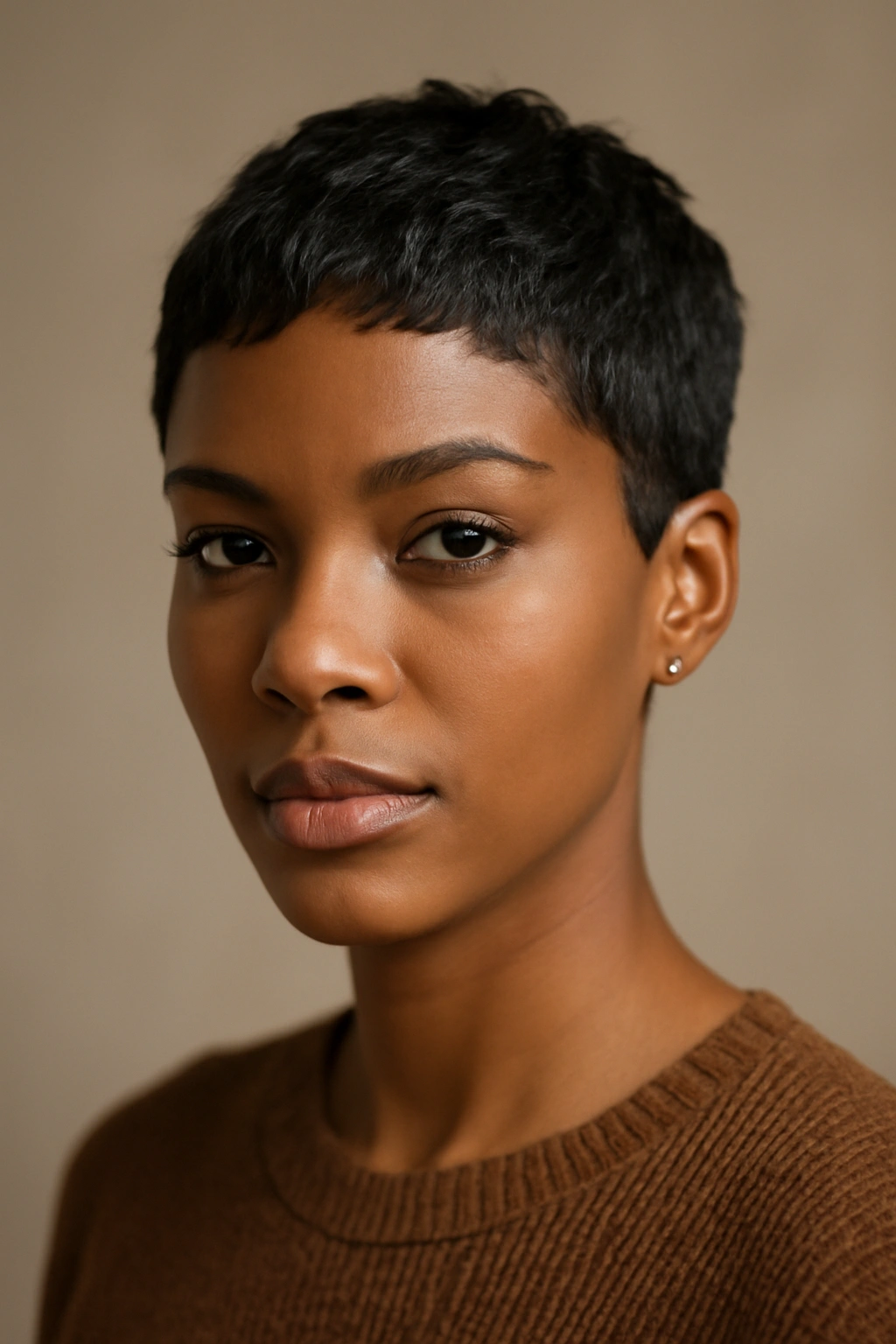 Close-up portrait of a woman with a classic pixie cut featuring textured short hair