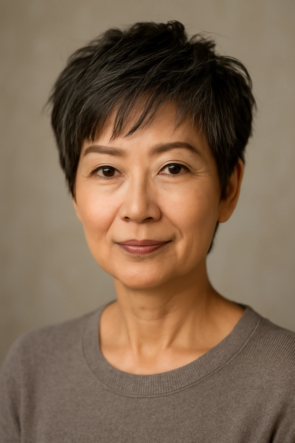 Portrait of an Asian woman over 50 with a textured pixie cut.