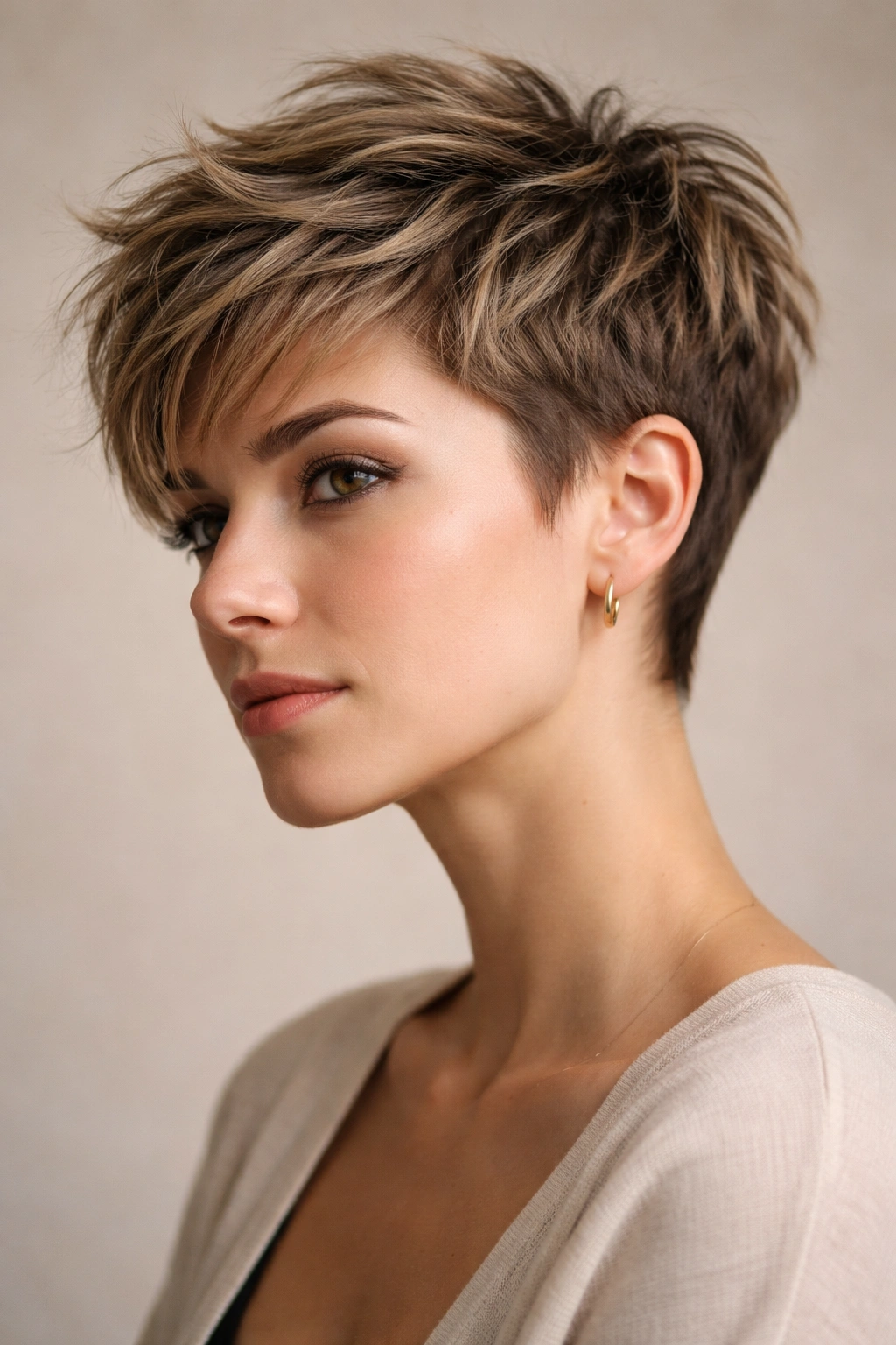 Close-up portrait of a modern pixie cut with textured crown and tapered sides
