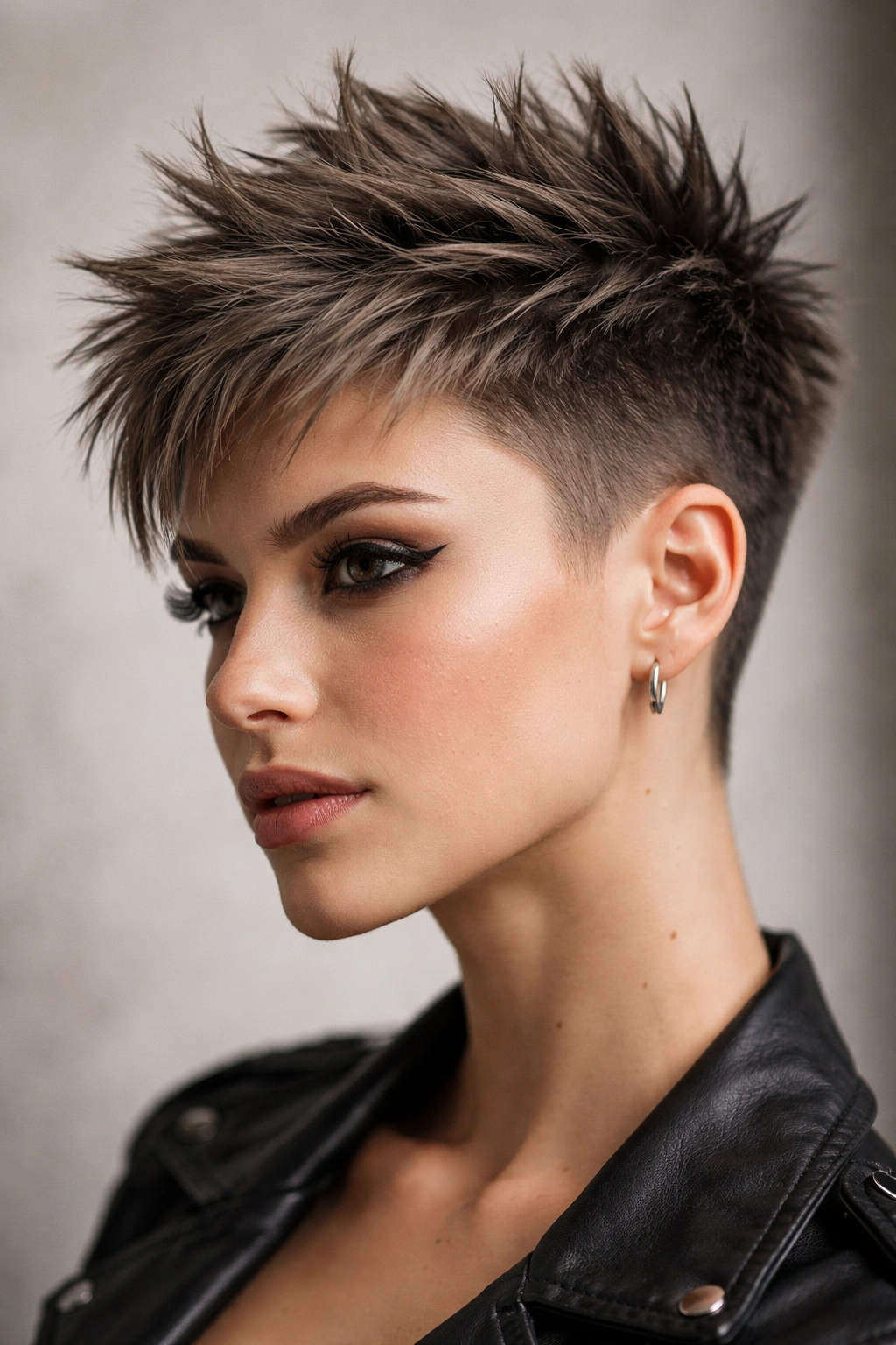 Close-up portrait of textured spiky pixie with cropped sides emphasizing top texture