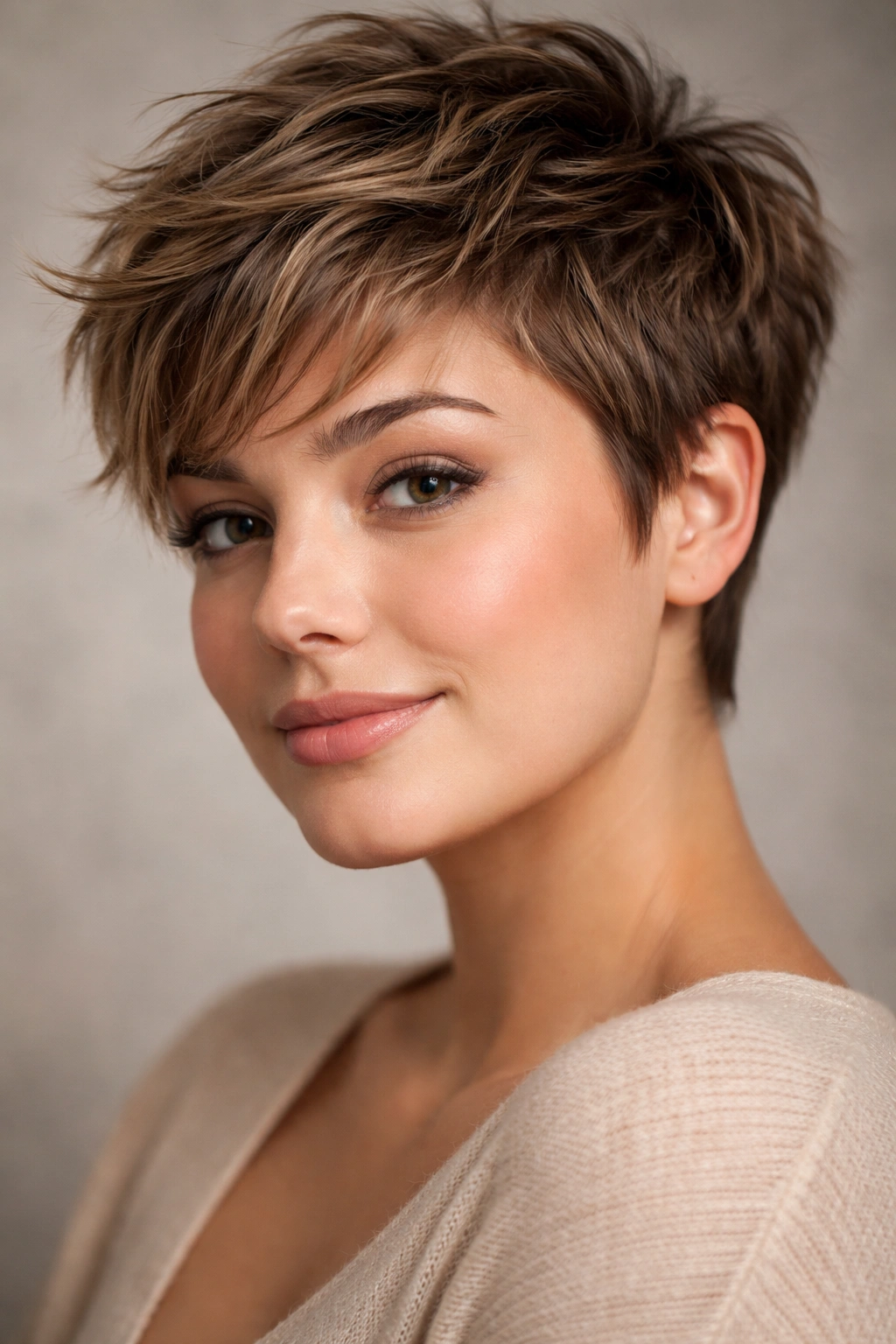Close-up of a tousled textured pixie with piecey layers and movement, studio portrait