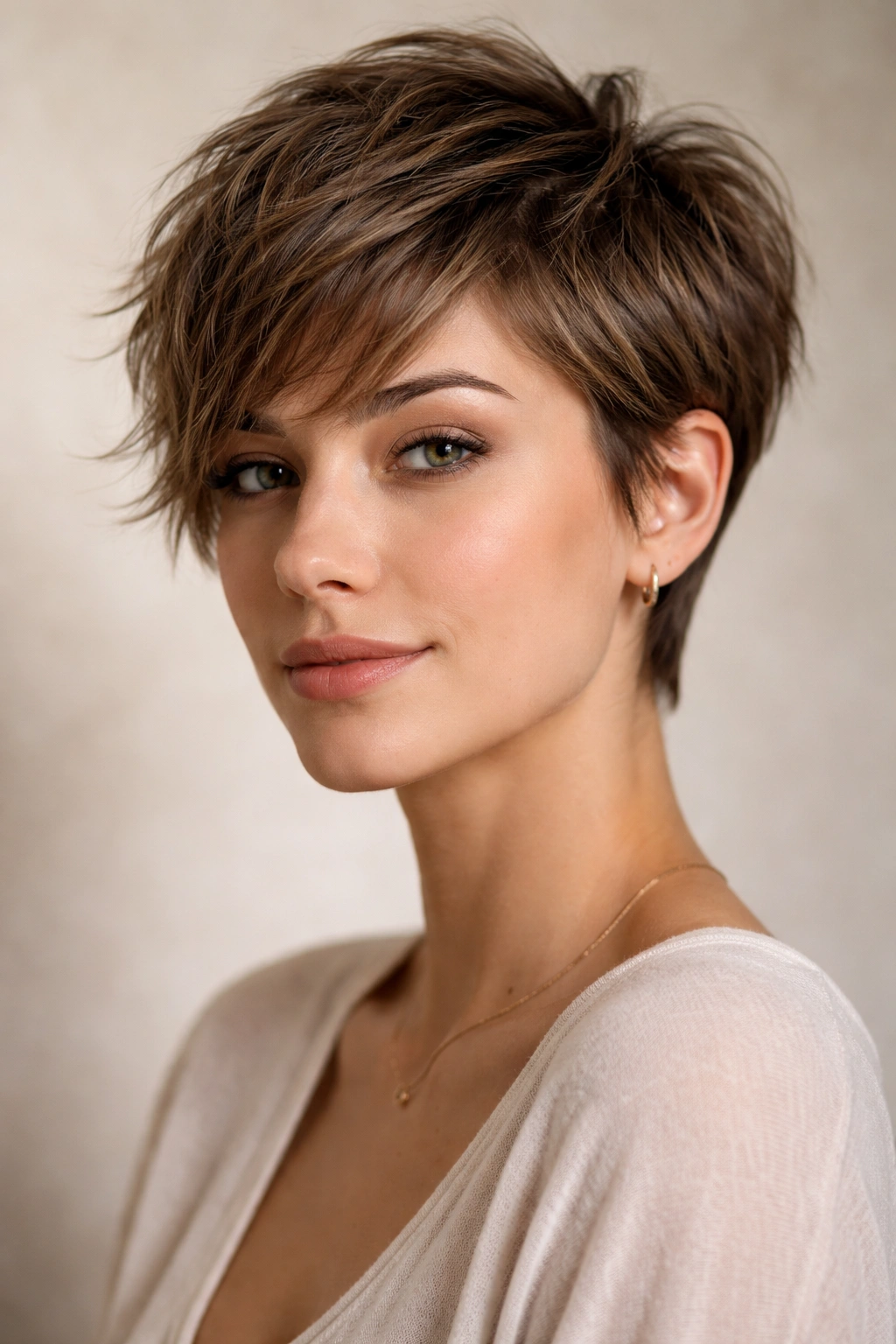 Portrait of a model with a textured pixie cut showing longer sides and top for width