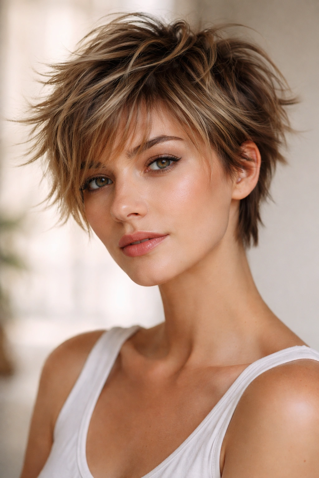 Portrait of tousled pixie with piecey bangs and textured layers