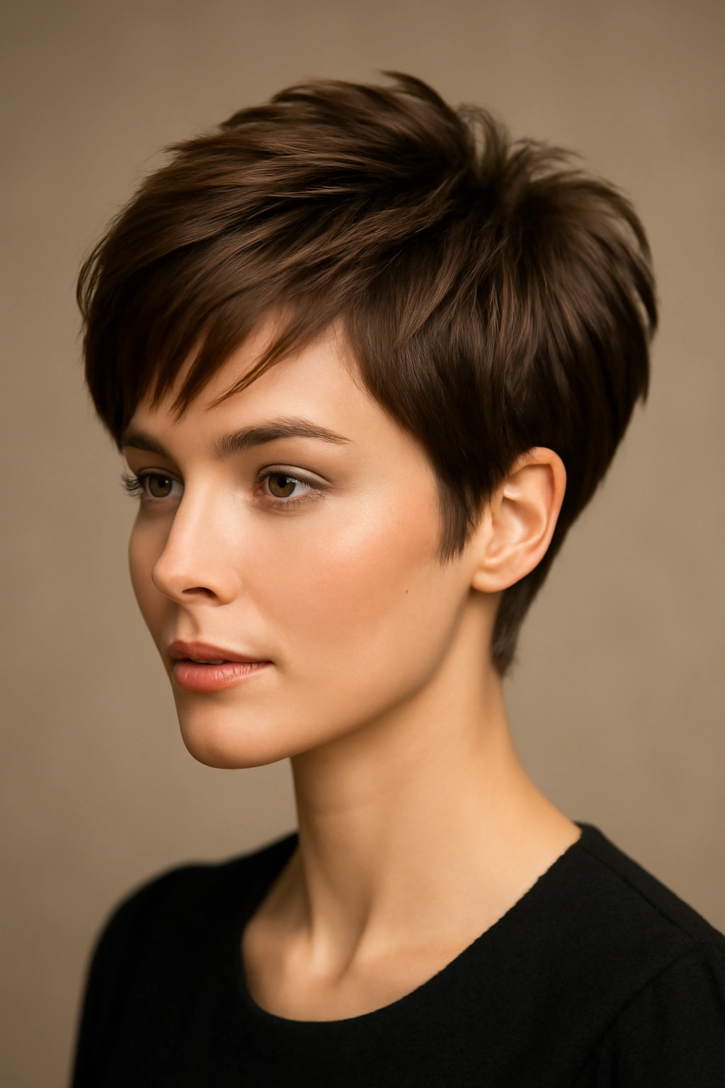 Close-up portrait of a model with a pixie cut featuring crown volume for a formal look