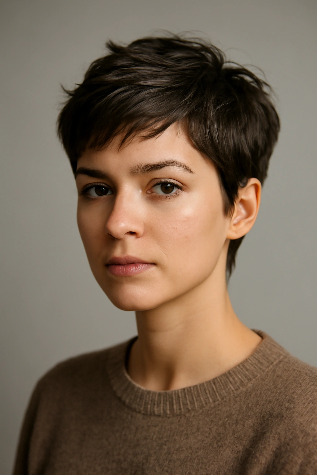 Close-up portrait of a person with a textured pixie wash-and-wear haircut in a studio
