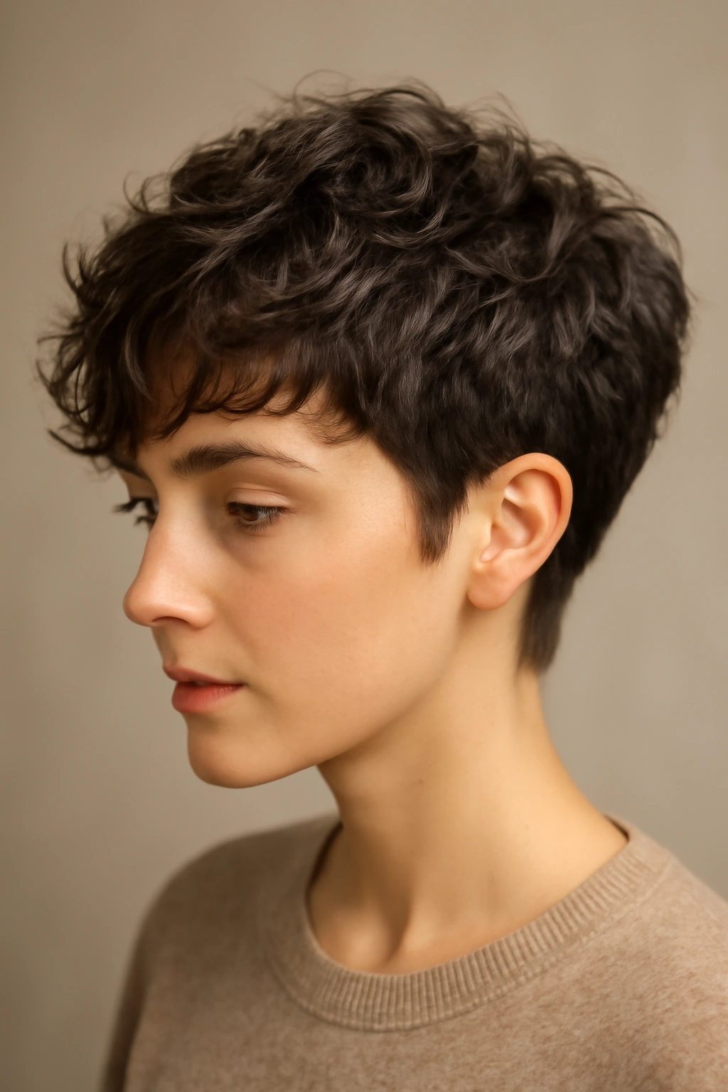 Close-up of The Textured Wisp Pixie with a longer layered top and tapered sides, showing wispy waves