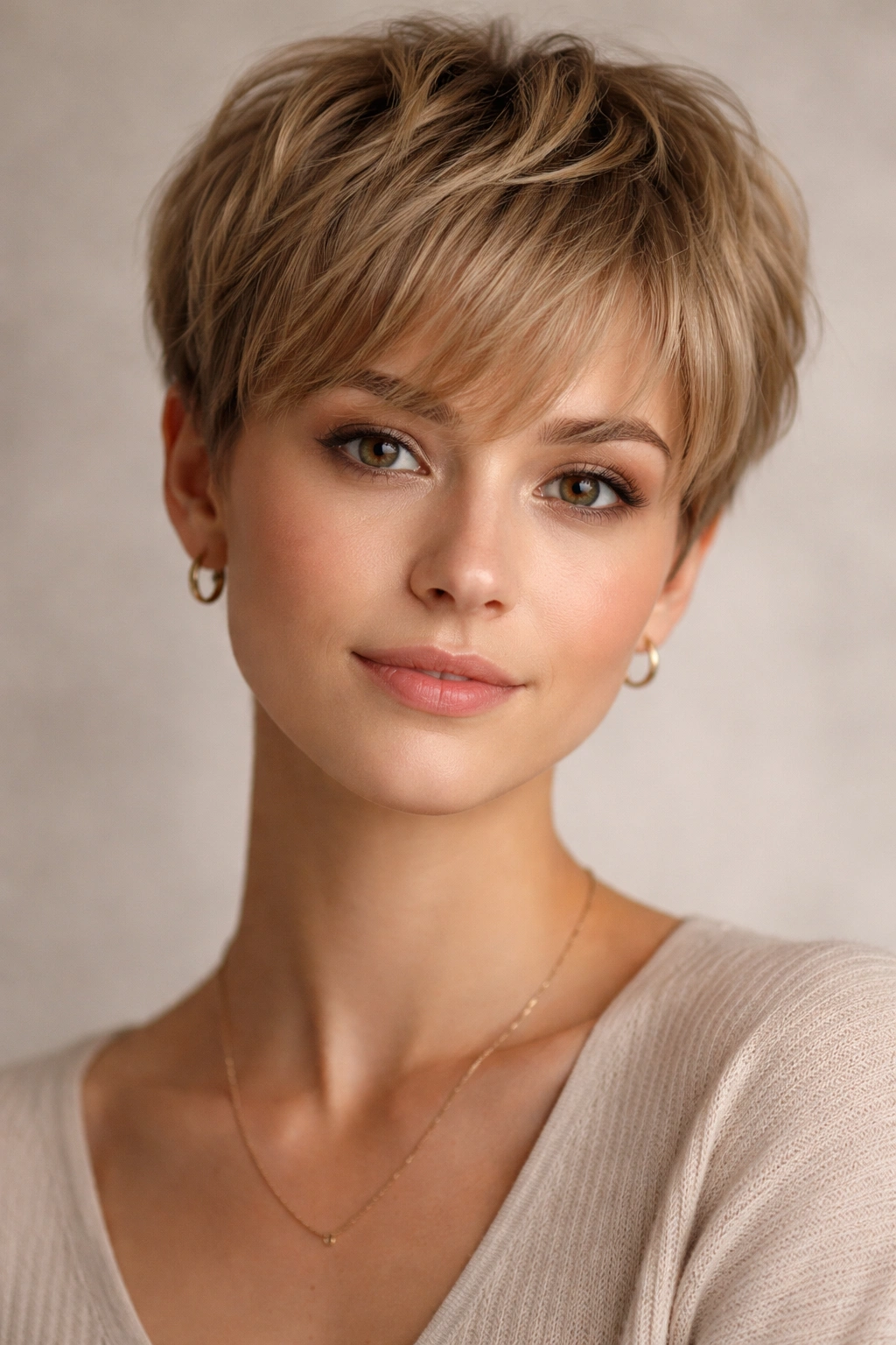 Close-up of a pixie cut with wispy bangs on a heart-shaped face