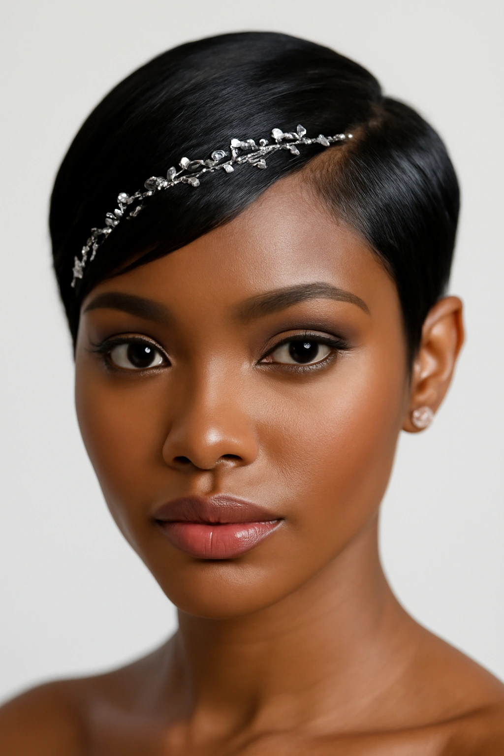 Close-up of sleek pixie with decorative jewelry