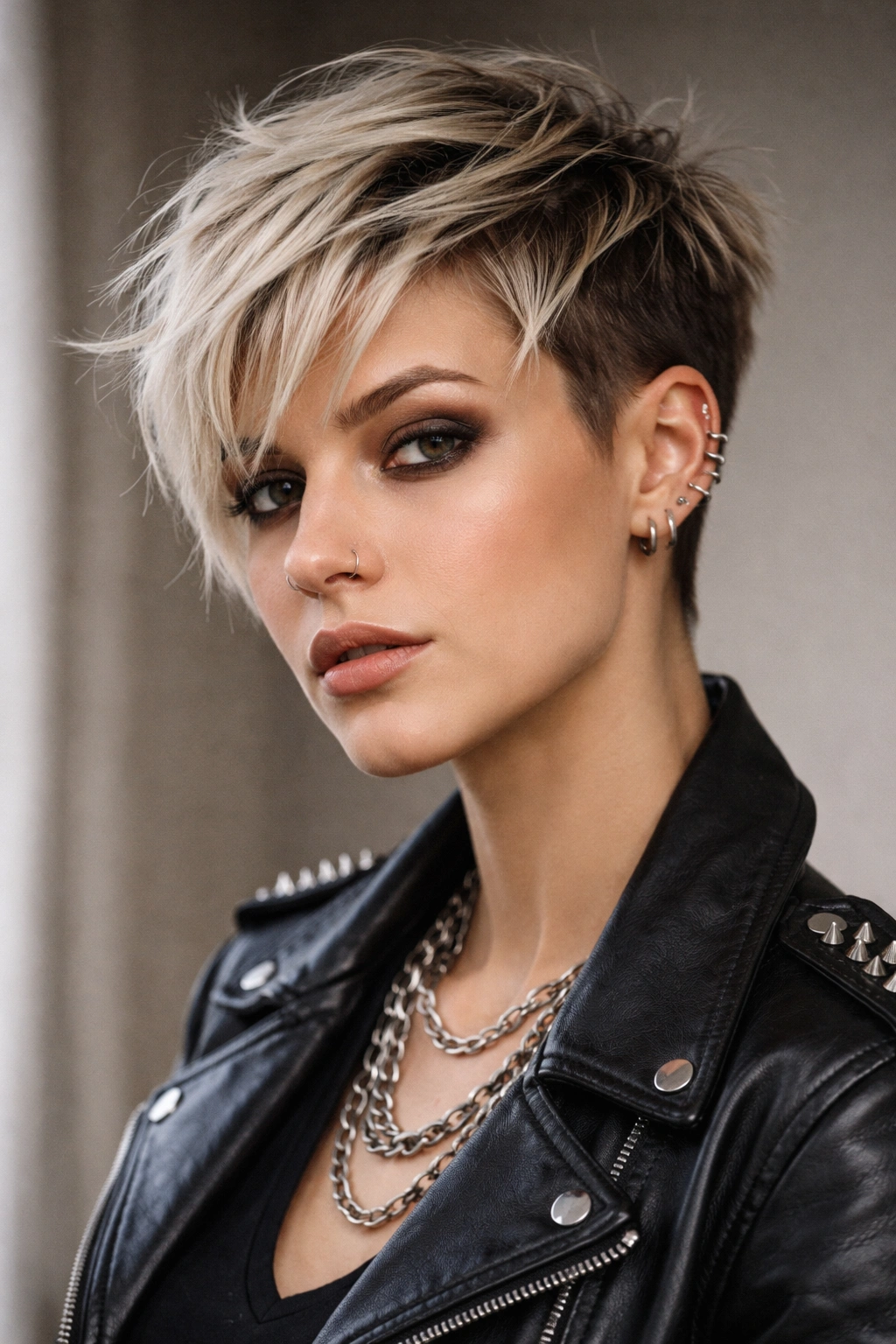 Close-up portrait of a person with a classic pixie cut featuring disconnected edges, emphasizing top texture and shaved sides.