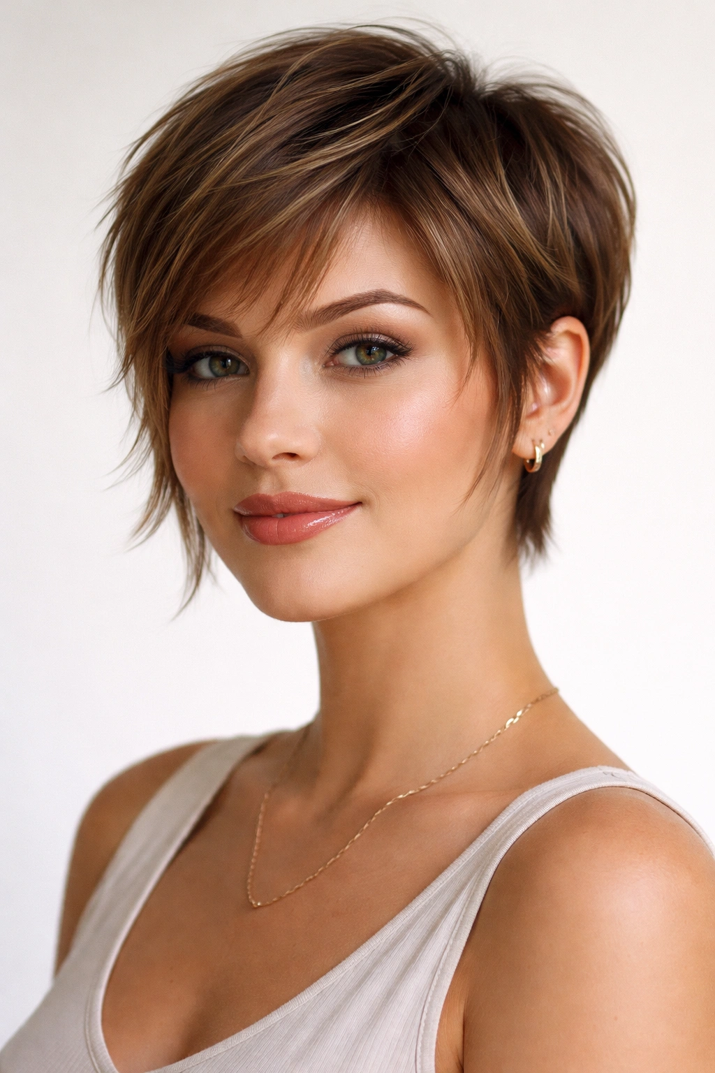 Pixie with longer face-framing layers at temples and jawline