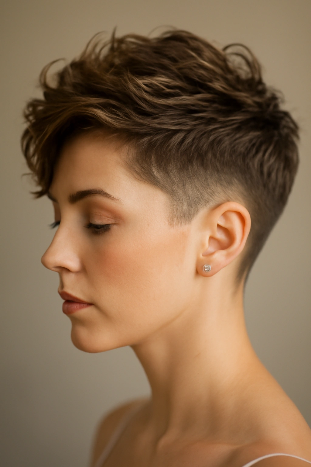 Close-up of a bride's head highlighting a textured pixie fade with voluminous crown and soft spikes