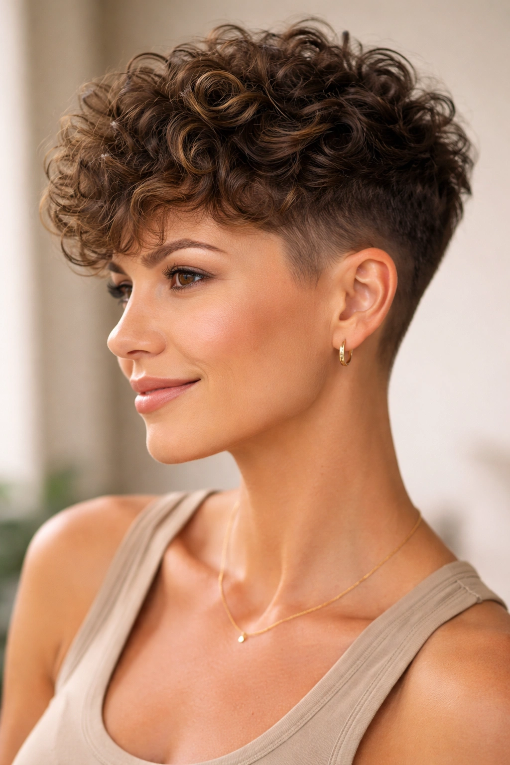 Pixie-fade hybrid with textured crown curls