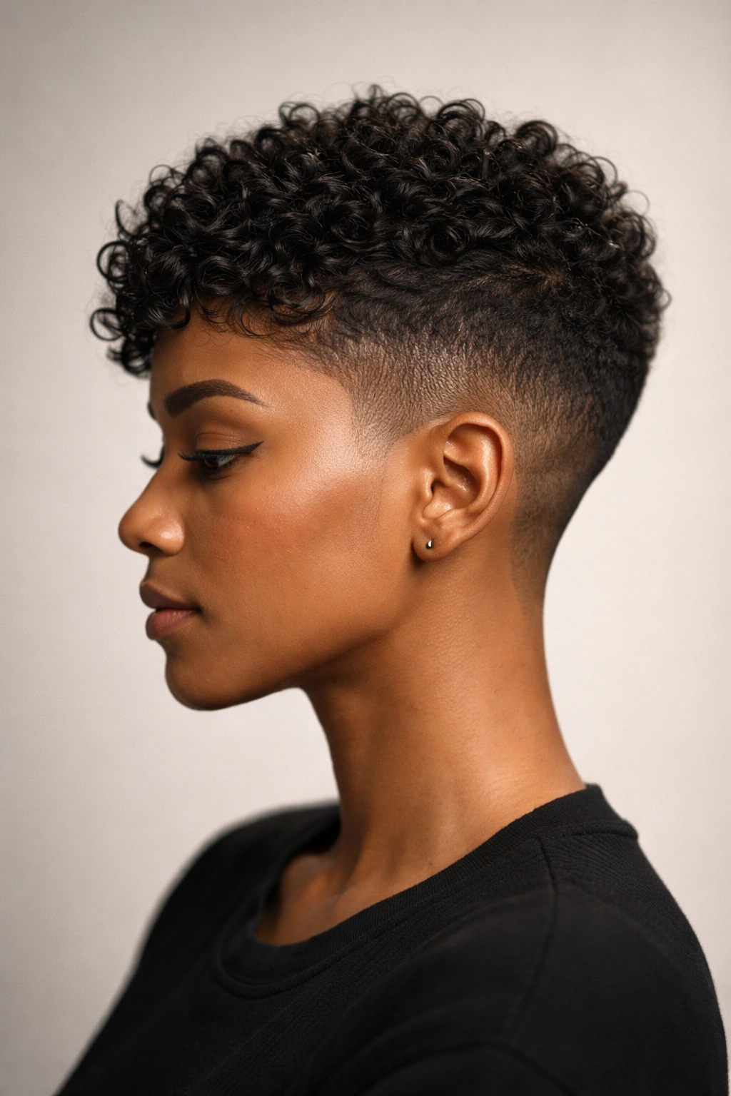 Profile view of pixie fade with textured curls on top