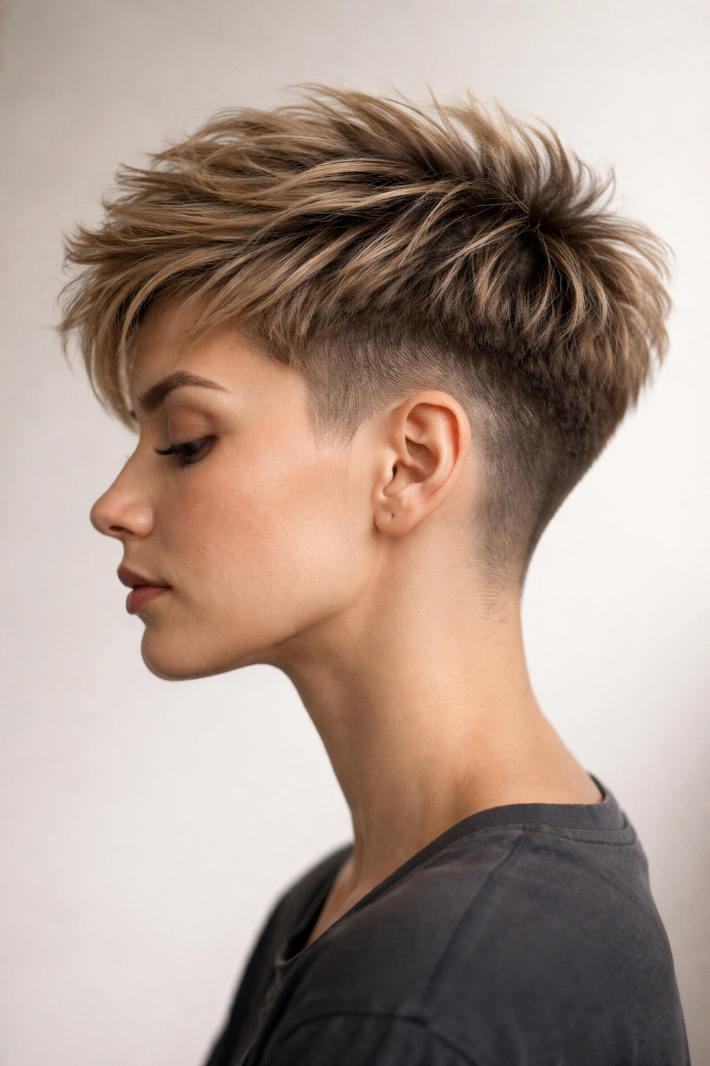 Profile view of a pixie fade with longer feathered top showing texture