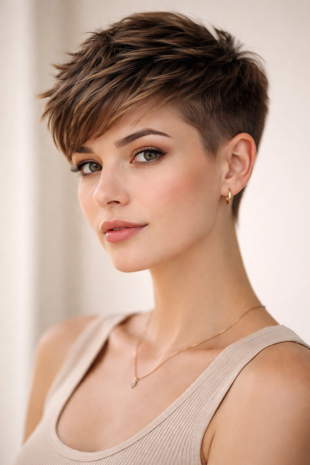 Close-up of a person with a soft pixie fade showing longer textured top and subtle fade on the sides