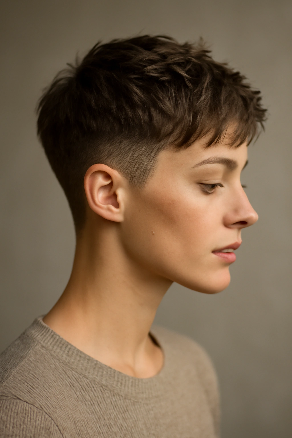Soft textured pixie fade with gentle taper on a model