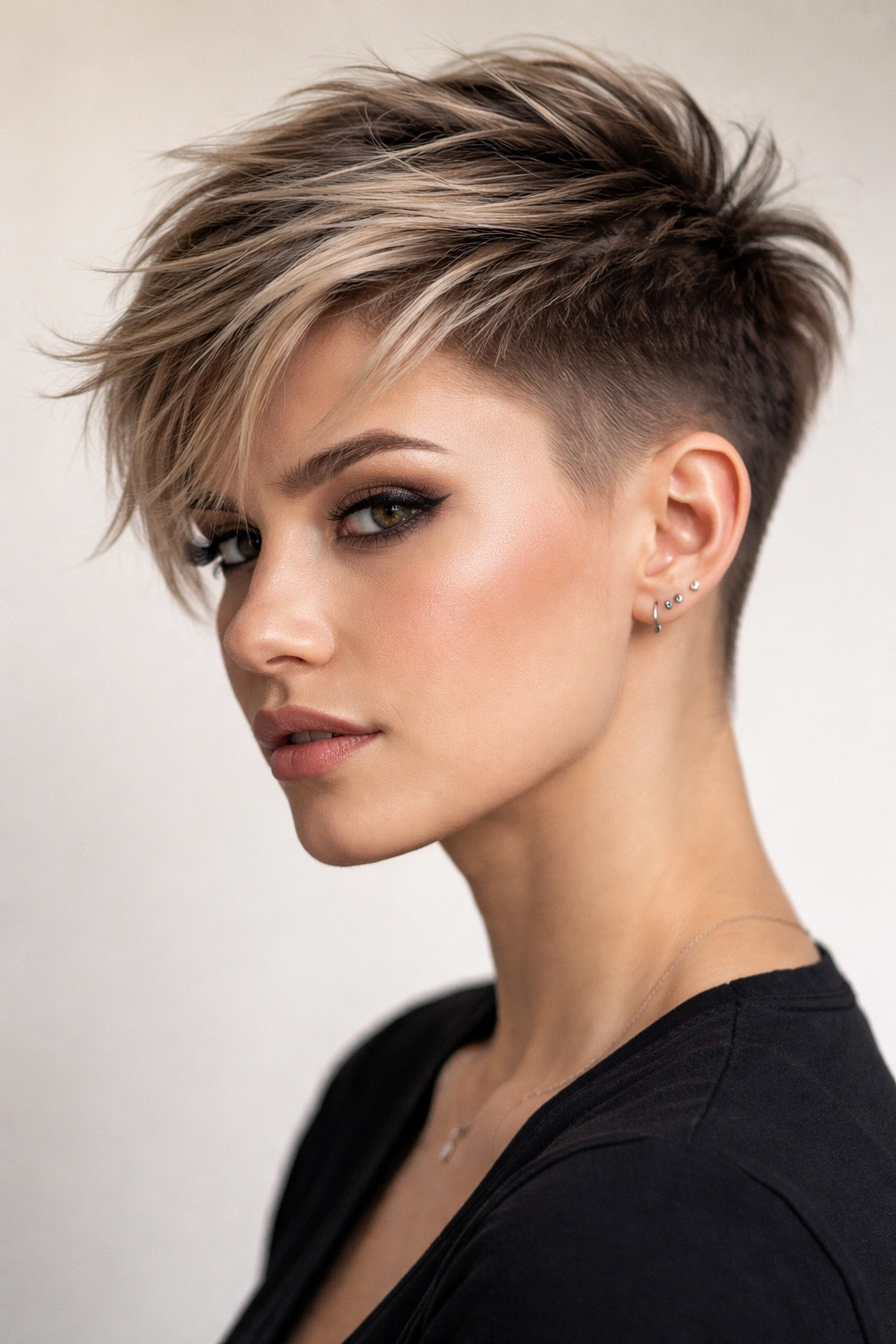 Close-up of a grown-out pixie with a subtle fade on the sides and textured top