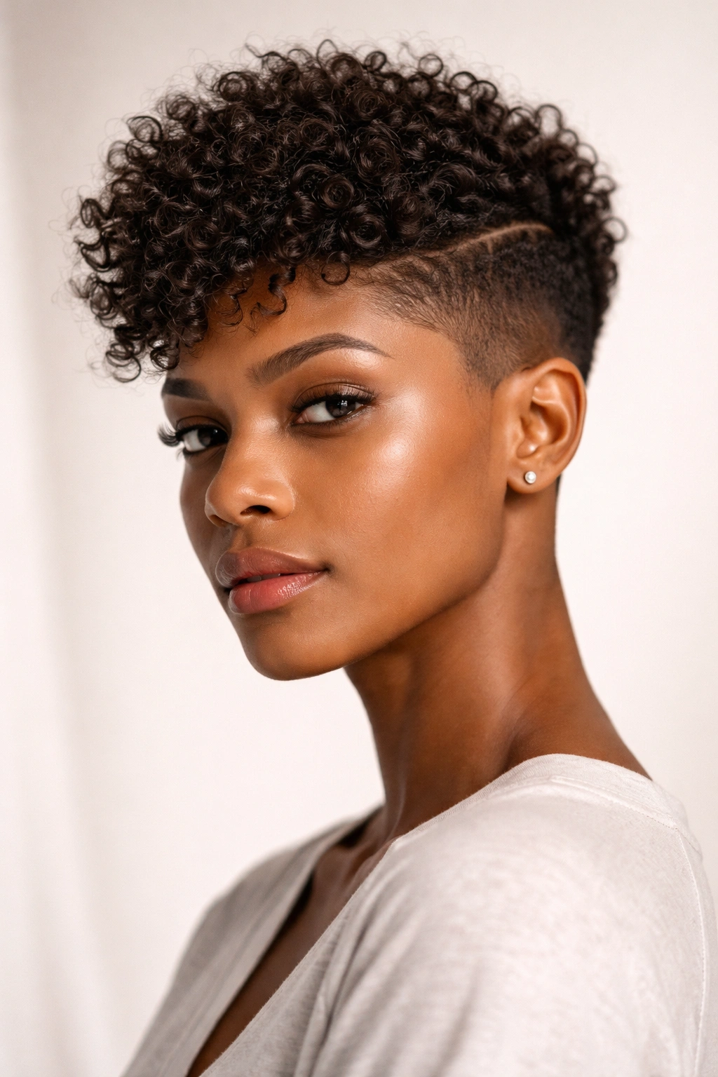 Close-up portrait of textured pixie with fade on sides and longer crown showing natural curls
