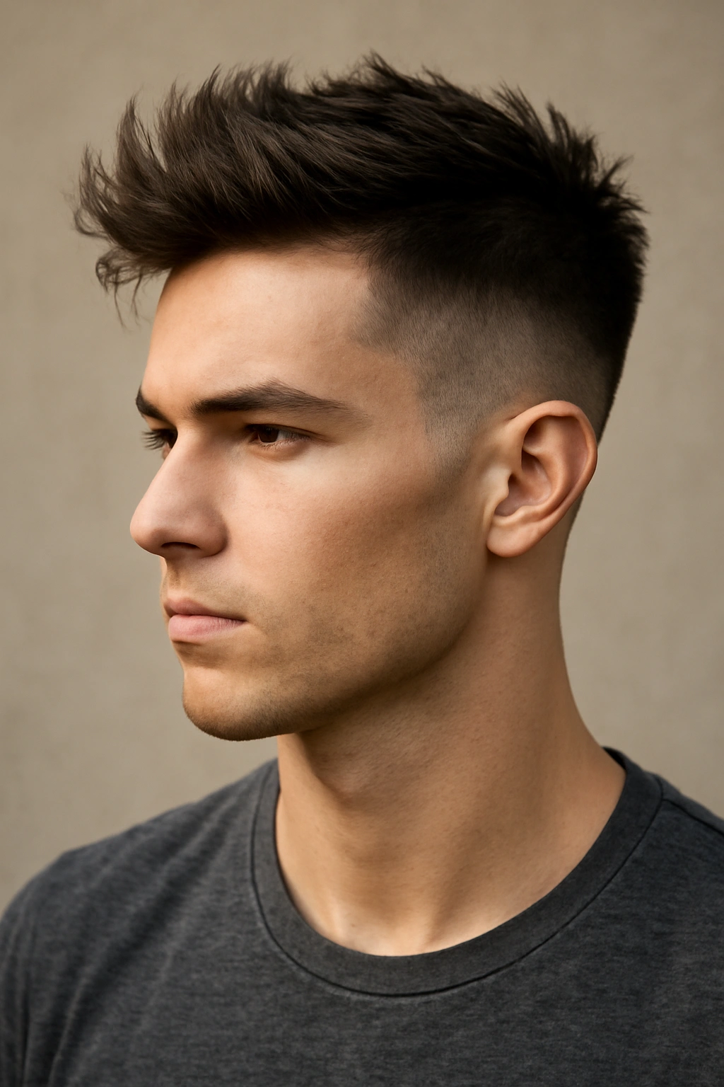 Close-up of pixie fade with faded sides and longer top styled upward