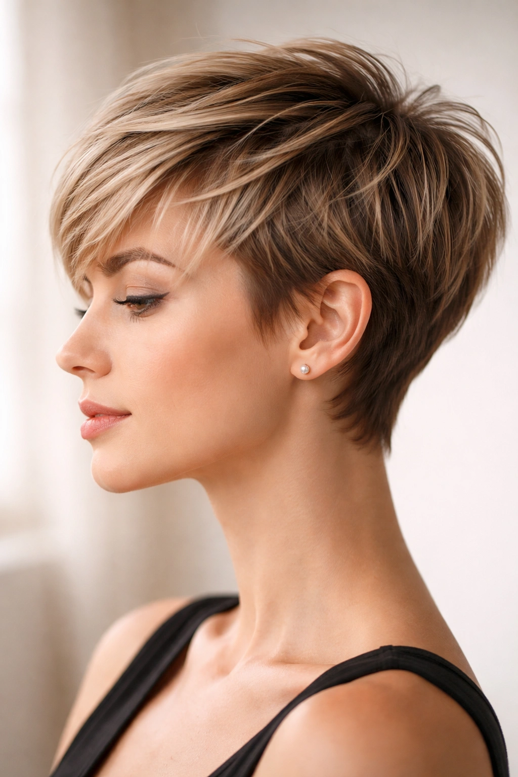 Close-up of a modern pixie crop with feathered texture and wispy sides.