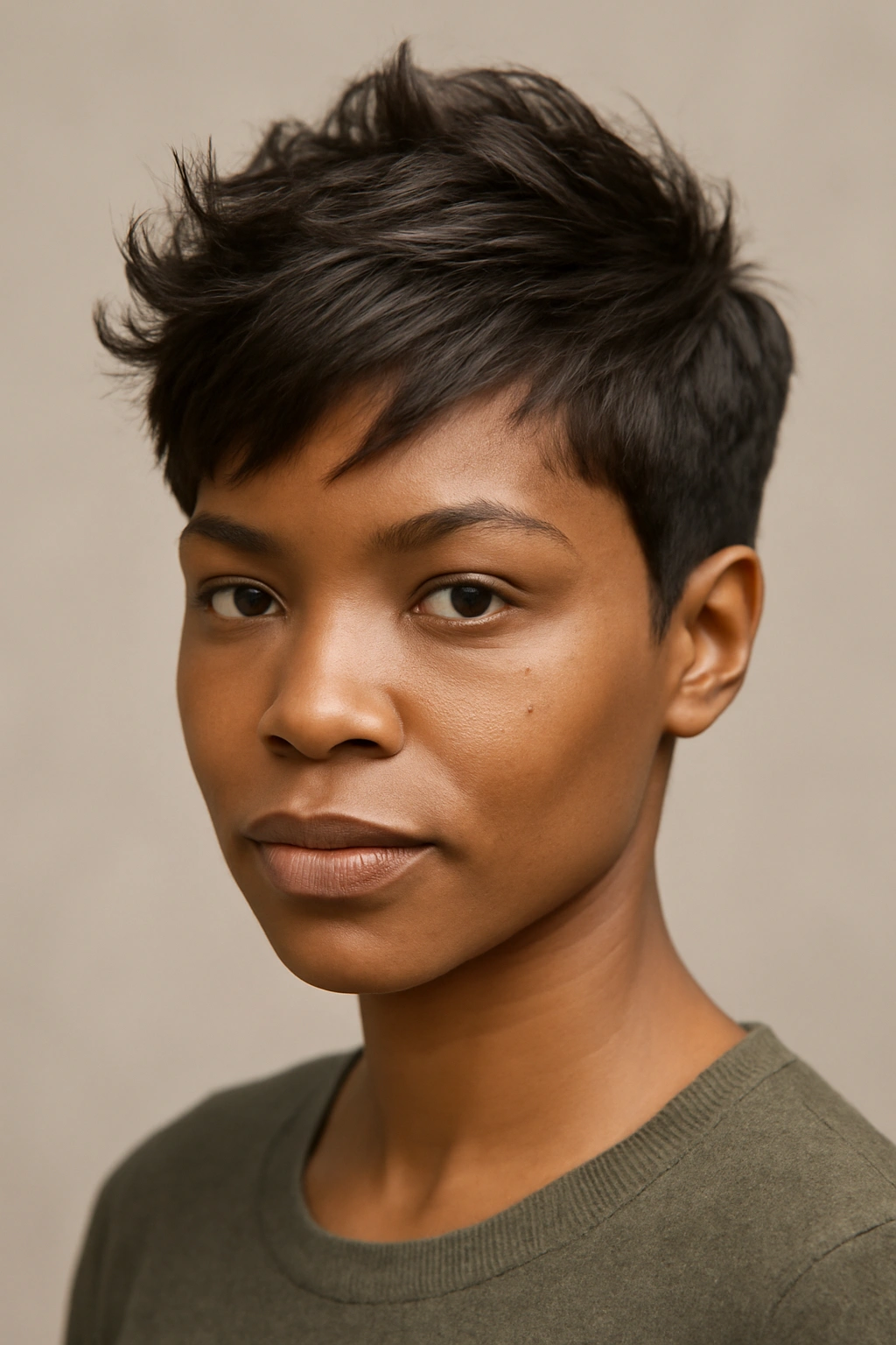 Close-up of a pixie cut with a textured flip showing forward flip and crown texture