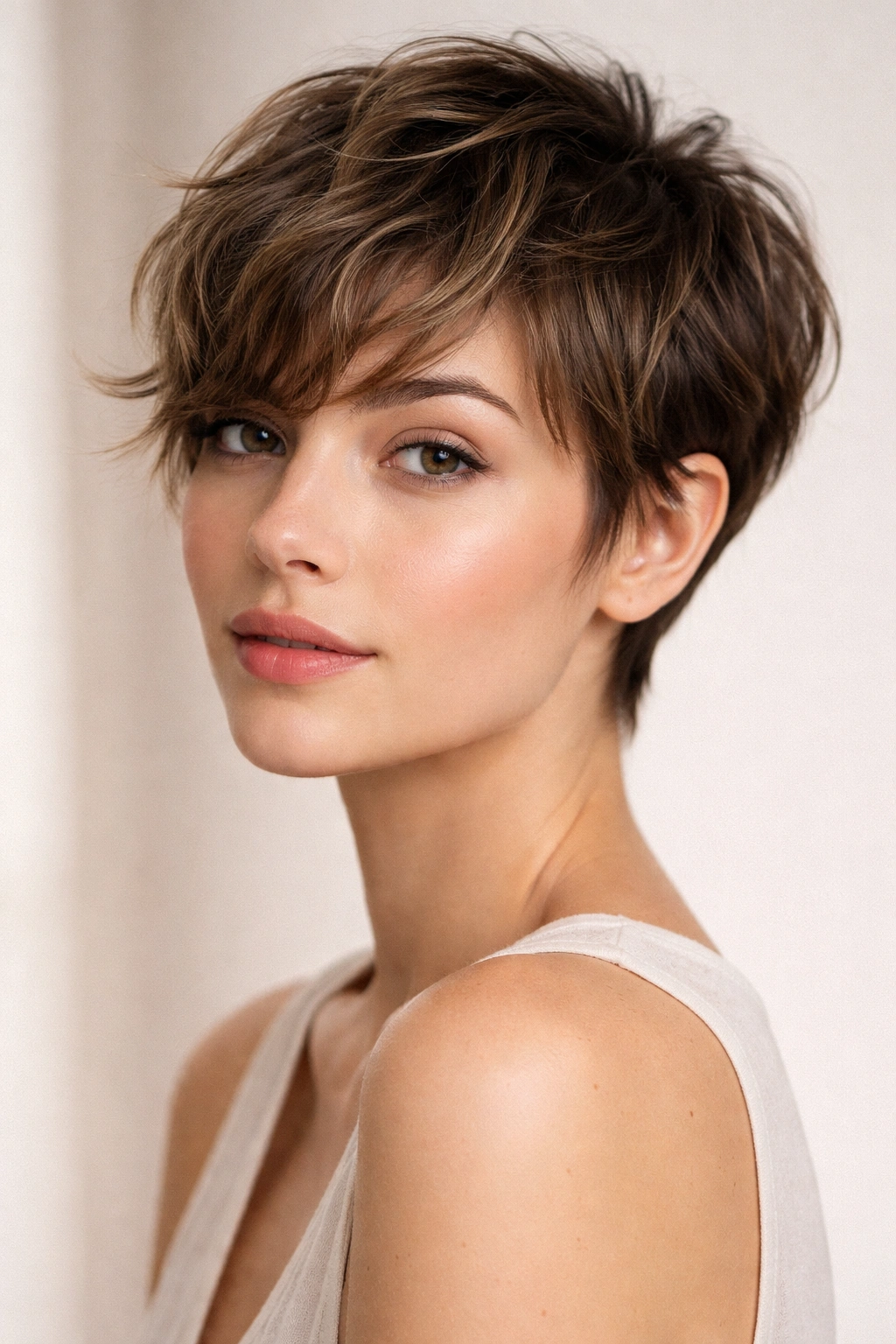 Pixie with grown-out textured bangs and soft waves