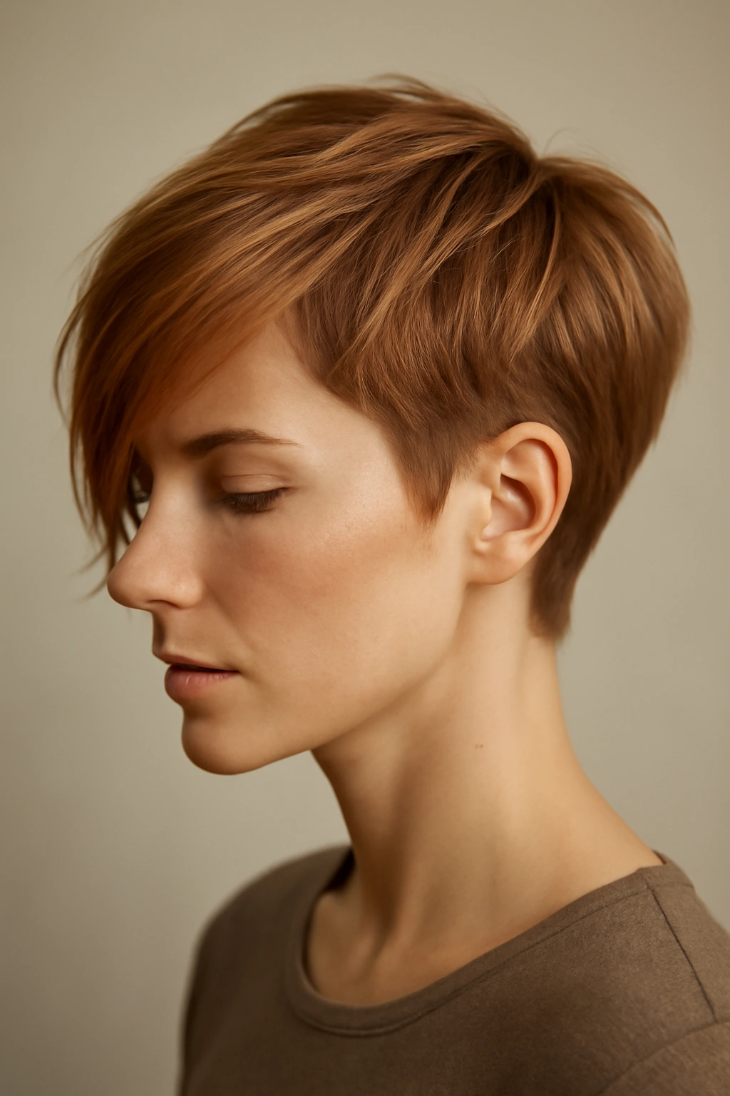 Asymmetric grown-out pixie with longer pieces in strawberry blonde