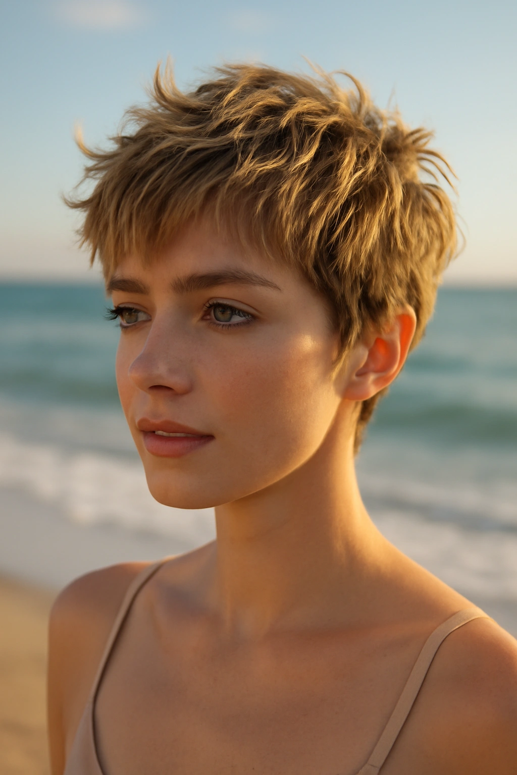 Close-up of a short textured pixie cut with sun-kissed highlights at the beach