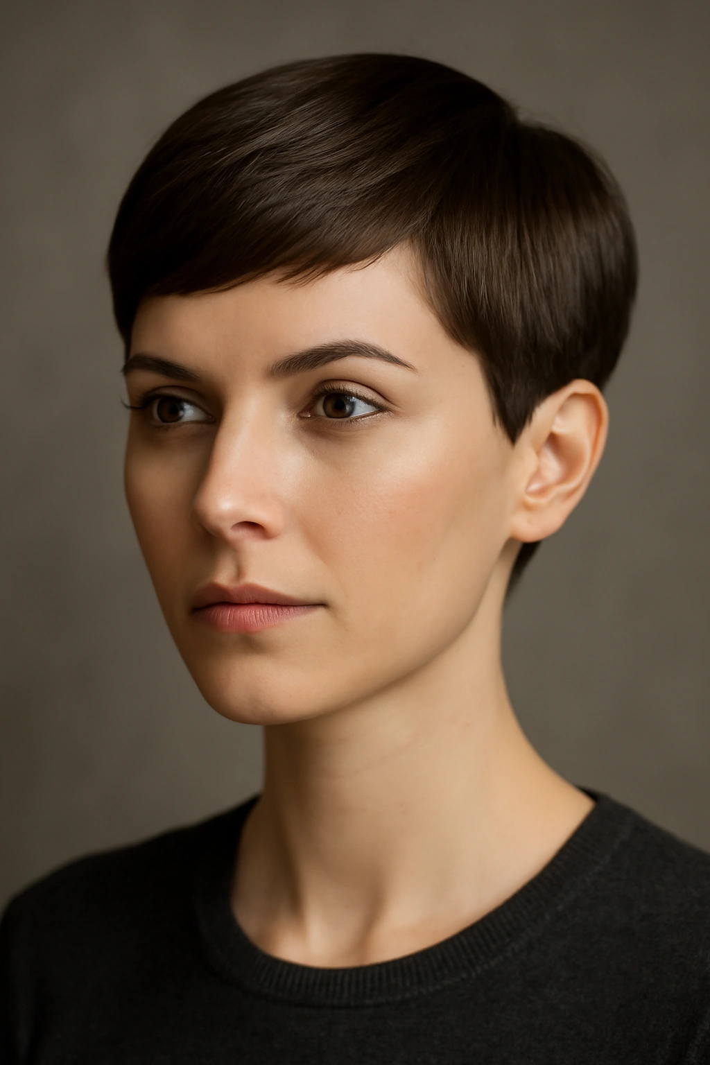 Close-up portrait of The Classic Pixie with short tapered sides and longer top in studio lighting