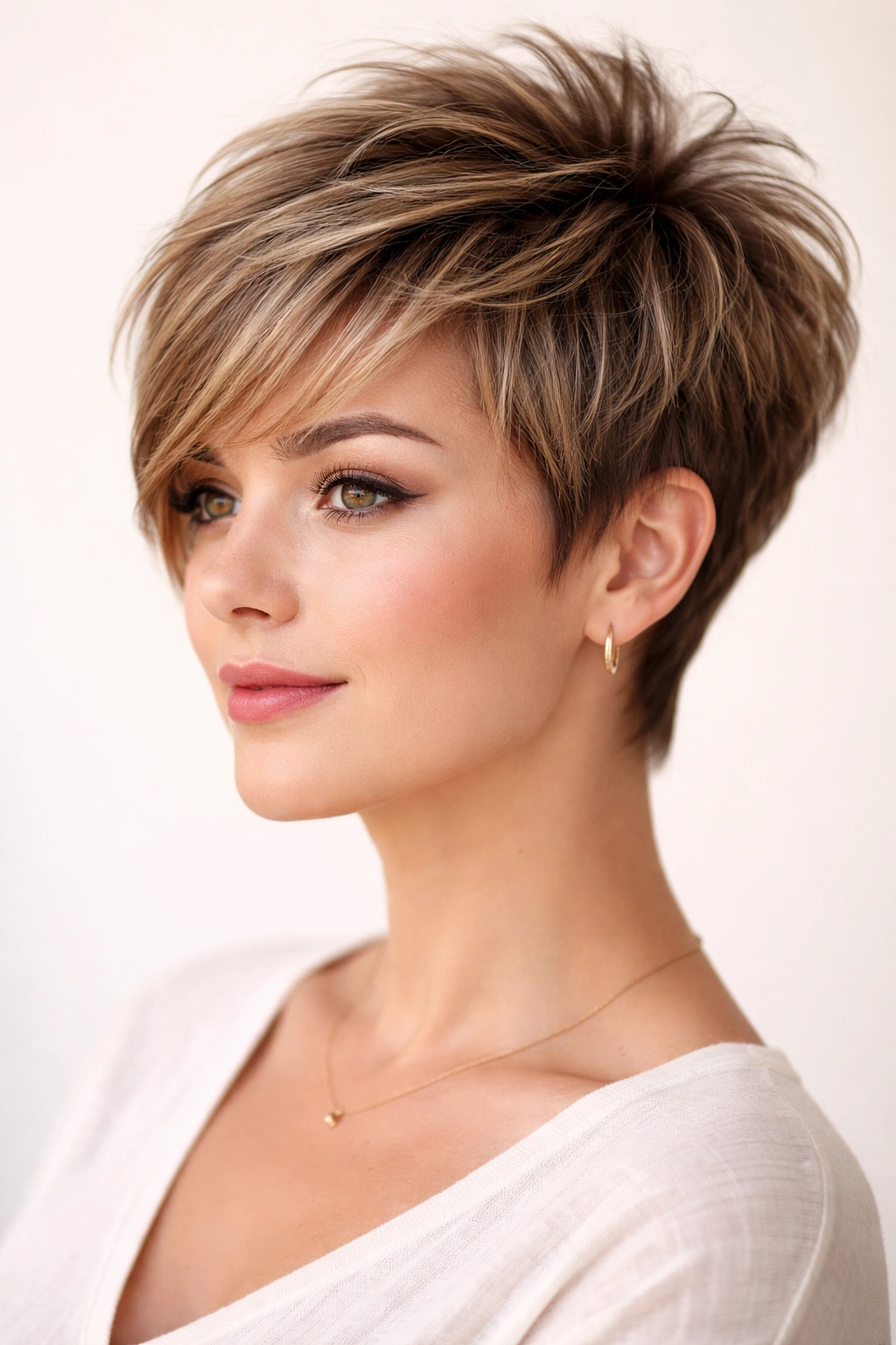 Close-up of layered pixie with crown volume, short sides and lifted crown