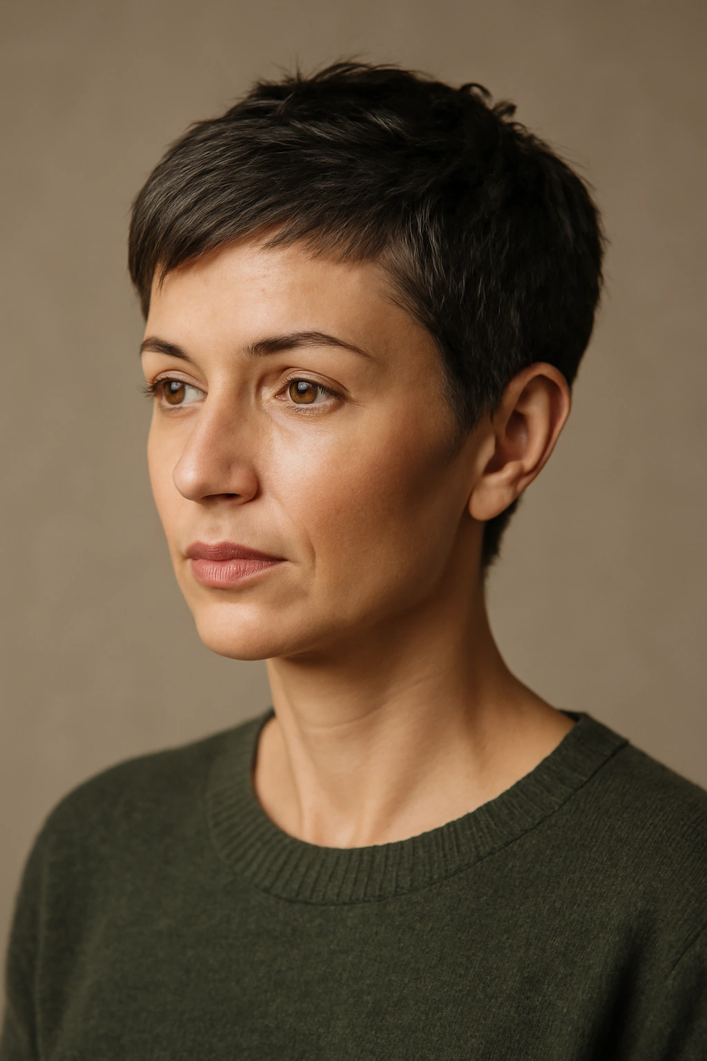 Portrait of a person with a pixie haircut in a contemplative pose