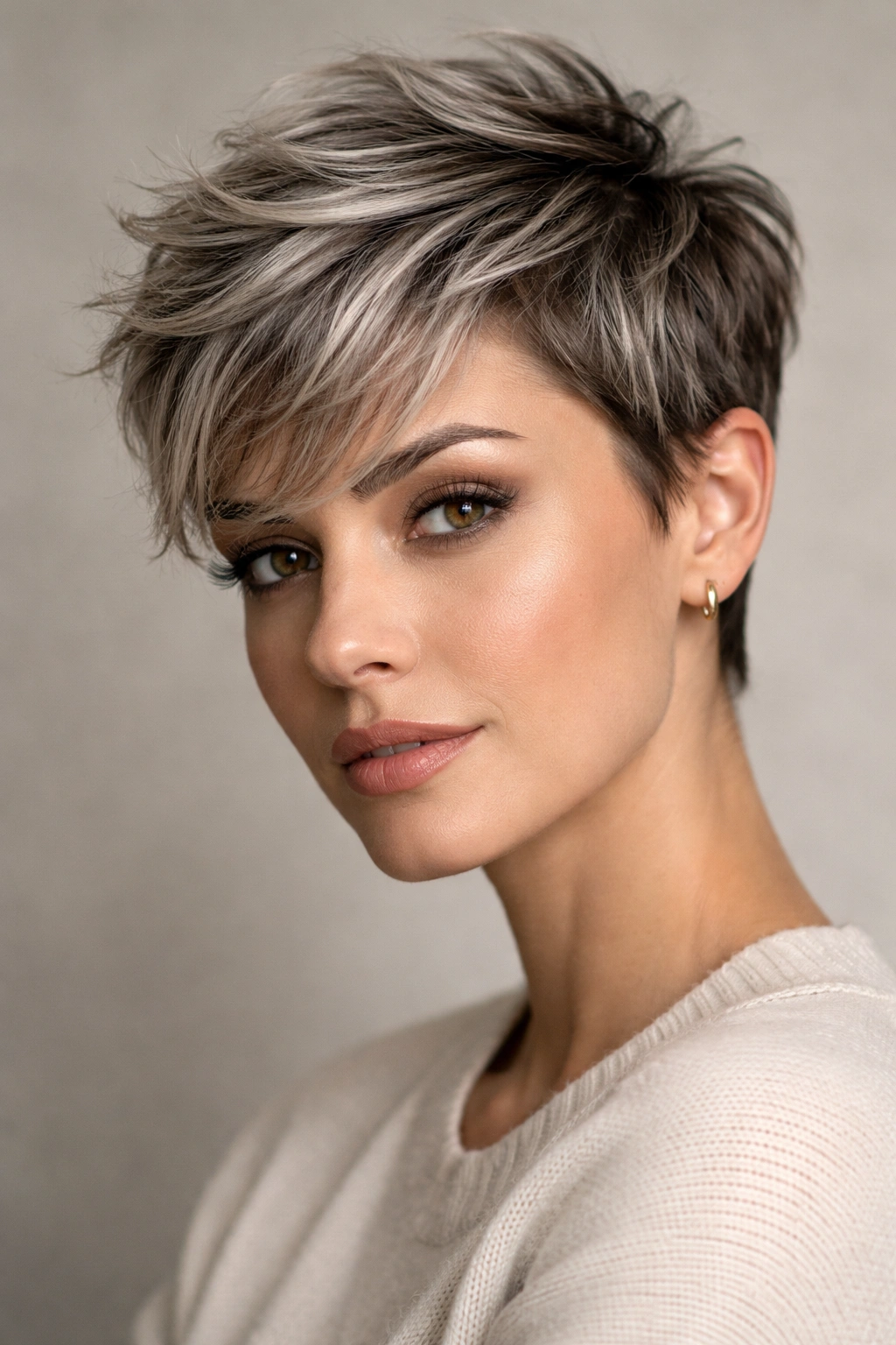 Close-up of a textured pixie haircut with strategic gray highlights around the face