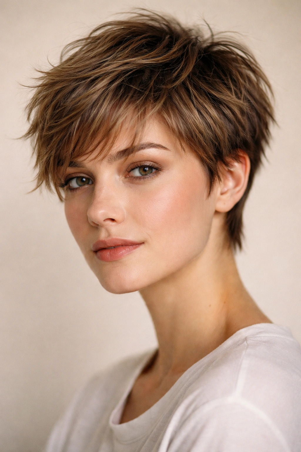 Grown-out pixie hairstyle with shaggy, textured layers.
