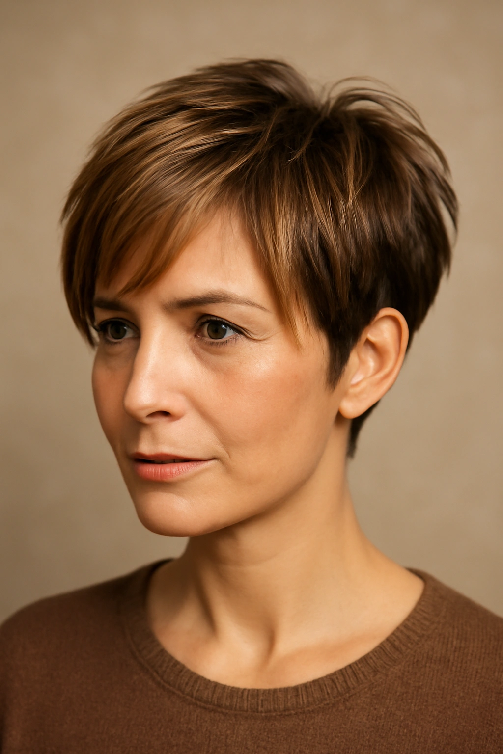 Close-up portrait of a textured pixie with honey face-framing highlights enhancing cheekbones