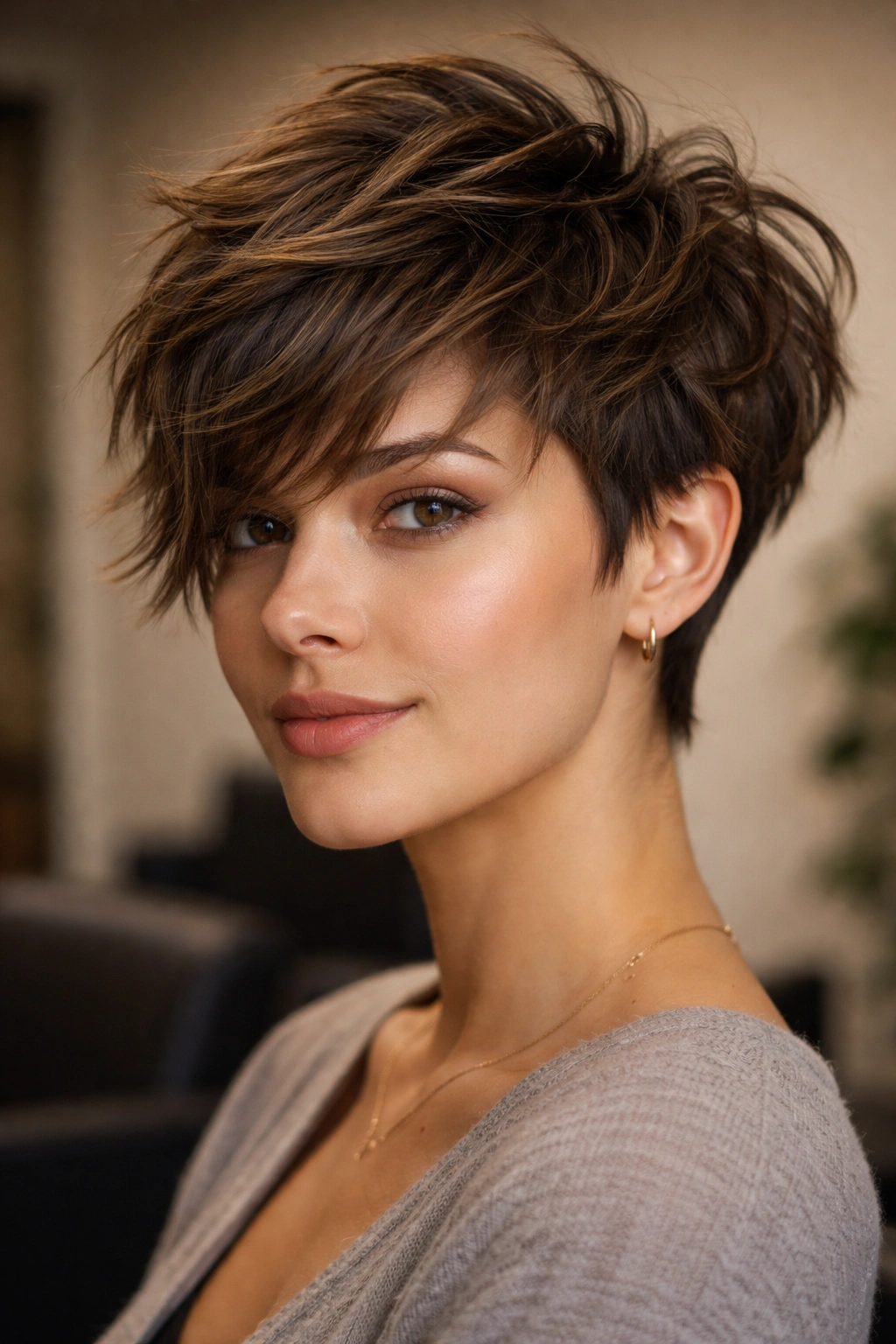 Close-up of a heavily layered textured pixie haircut with dramatic length differences