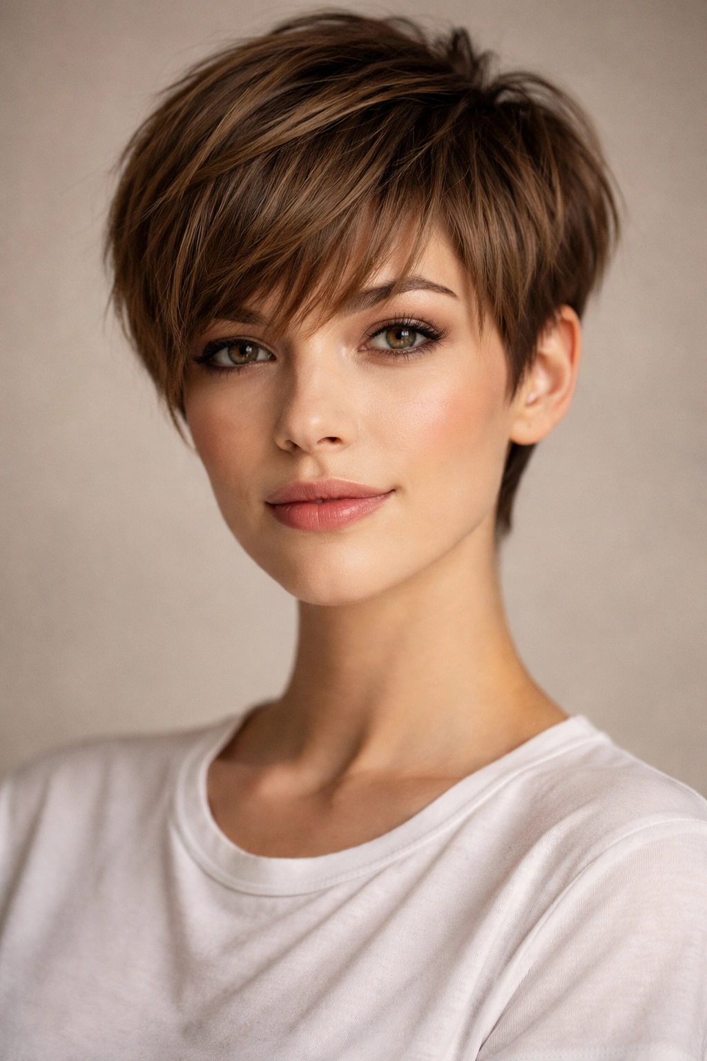 Pixie haircut with longer bangs framing the eyes