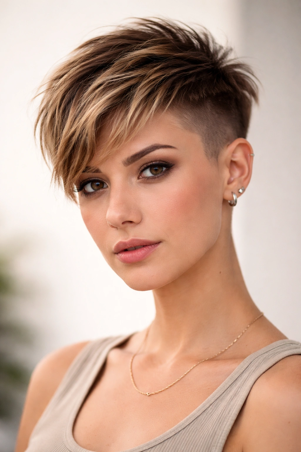 Portrait showing growth on top of undercut pixie to illustrate maintenance timeline
