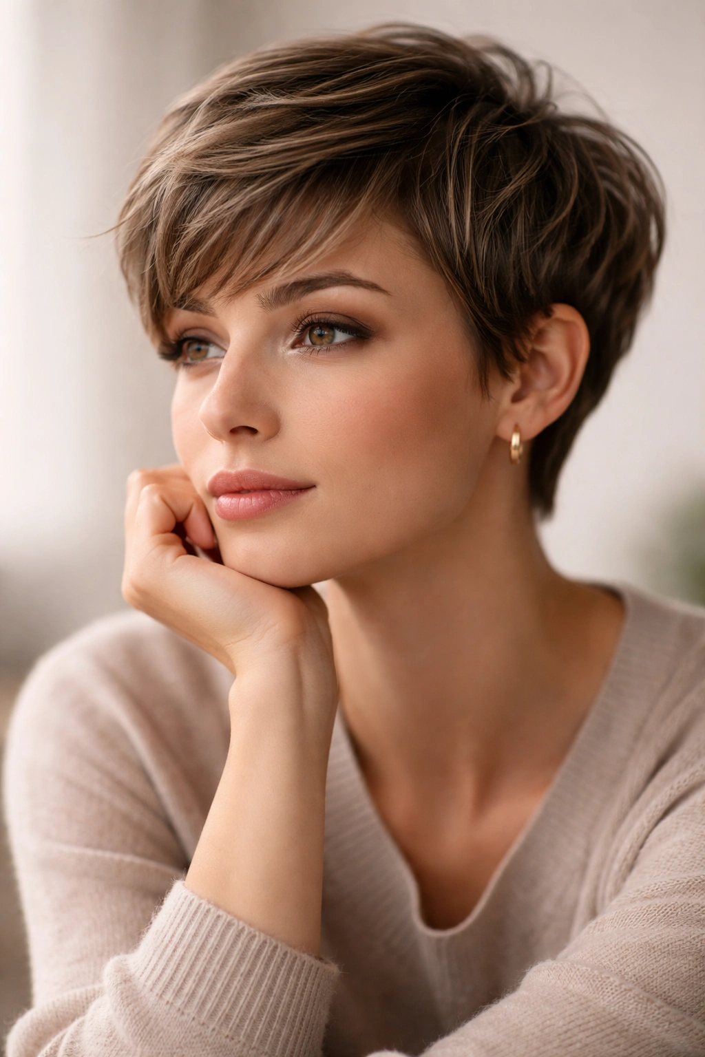 Contemplative portrait of a person with a pixie cut highlighting hair texture.