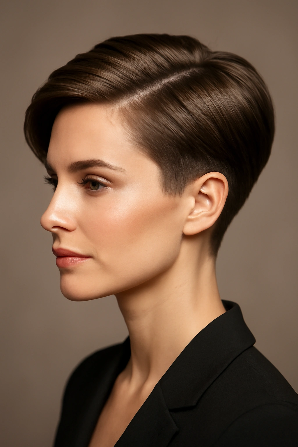 Close-up profile of a polished side-swept pixie with a diagonal sweep and clean fade