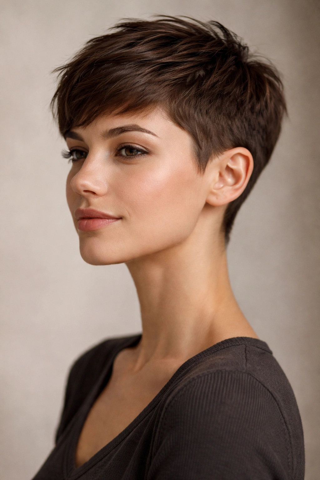 Close-up of classic pixie haircut with very short sides and textured top