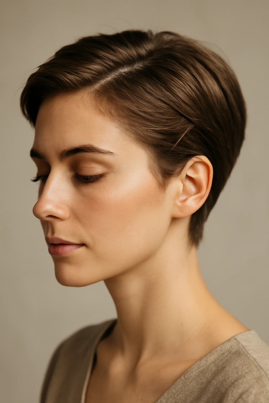 Close-up of a short pixie with back-swept front pinned at crown