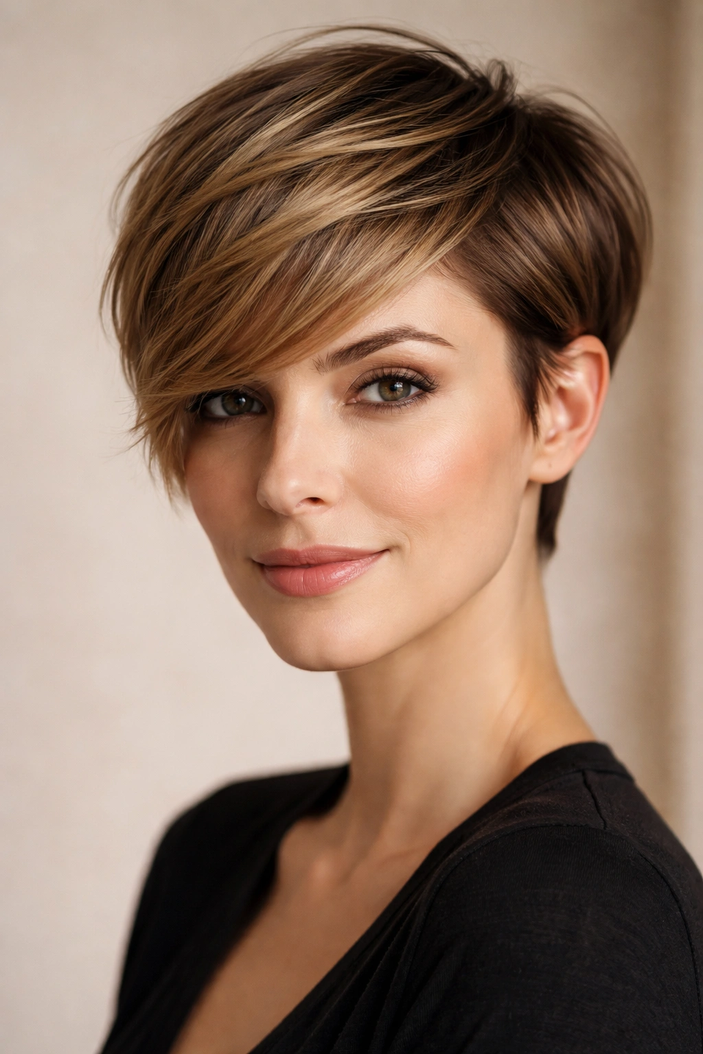 Close-up of longer pixie haircut with side swept top and textured volume