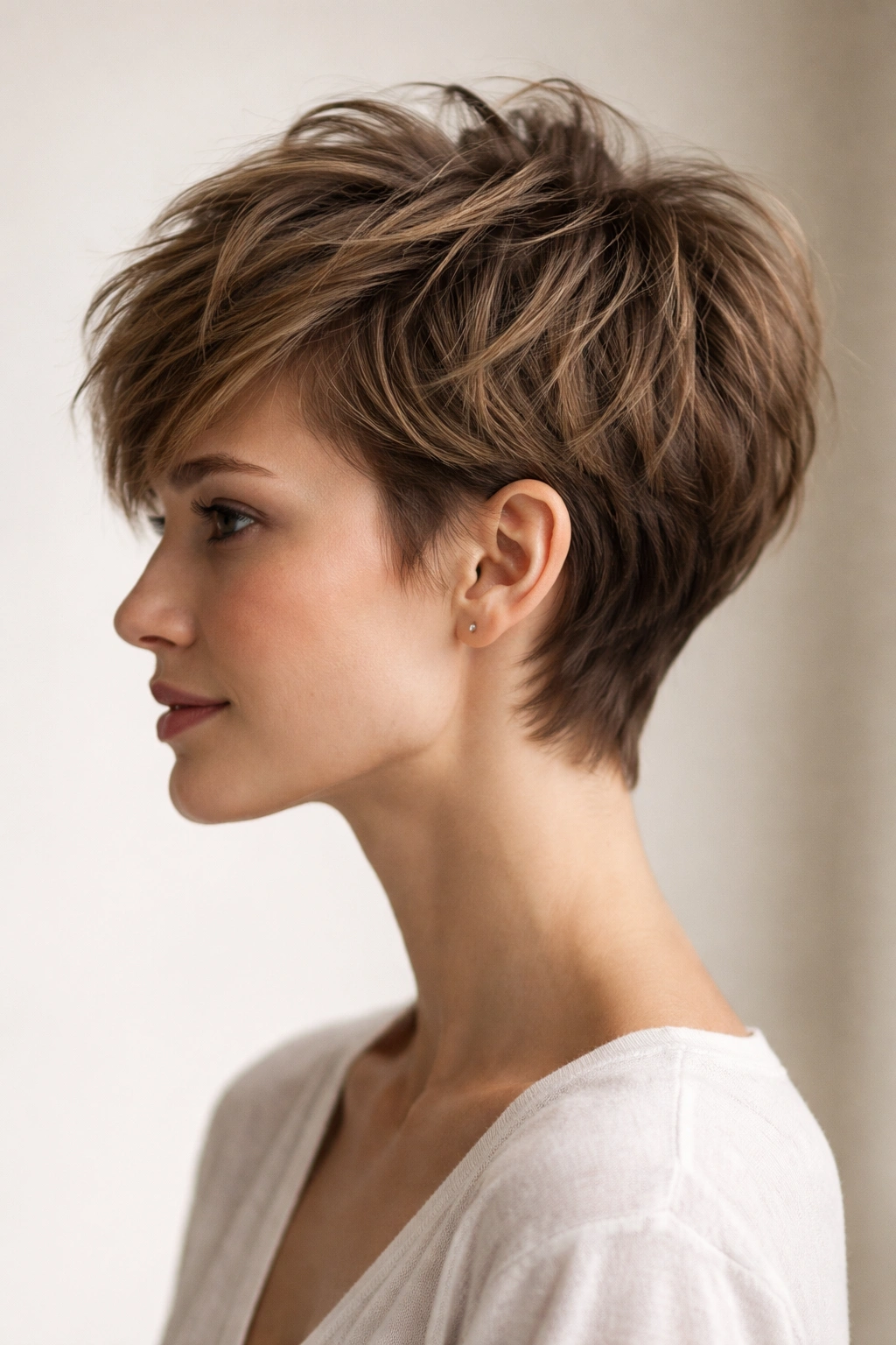 Side-profile of a grown-out pixie with longer textured top and layered sides