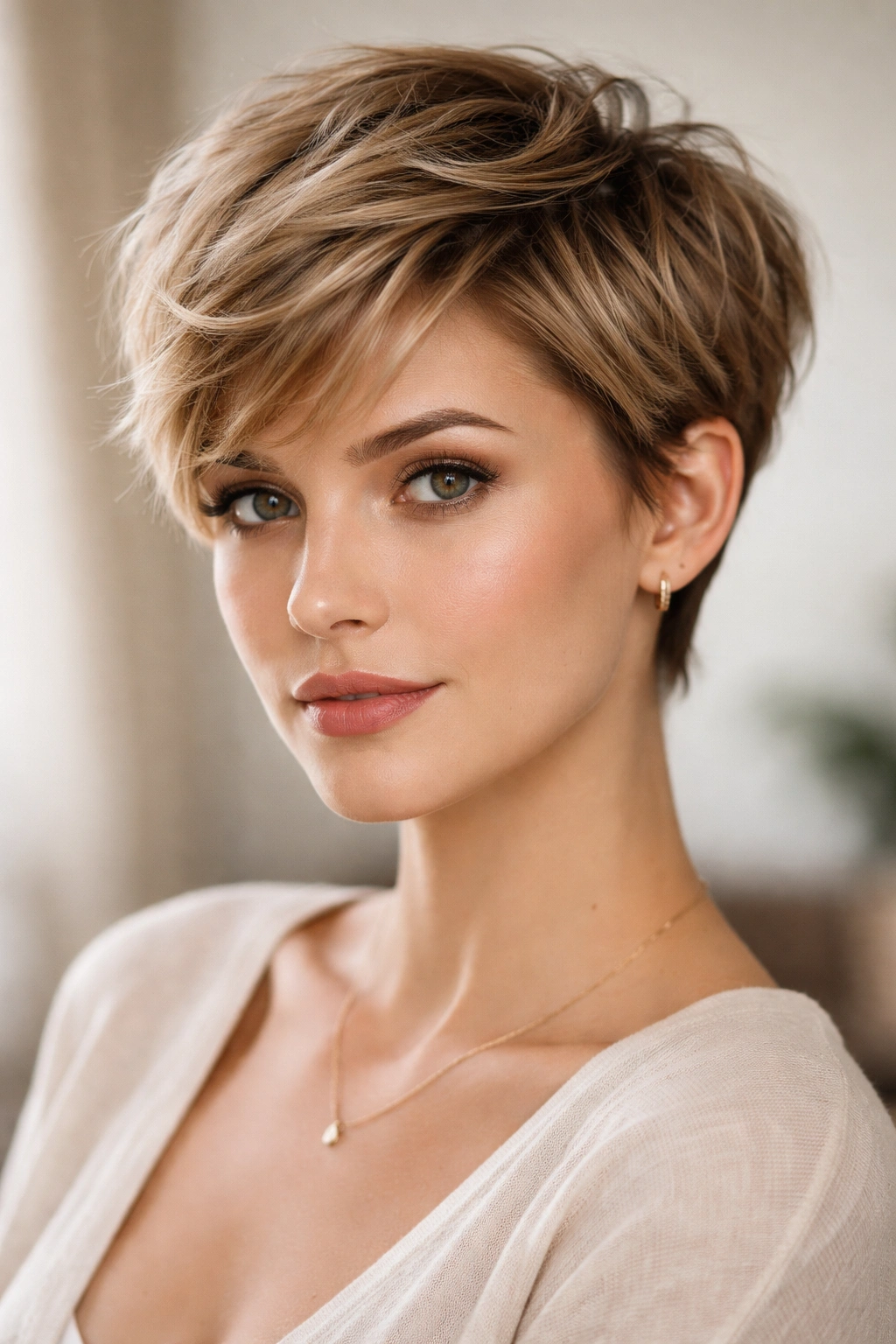 Textured pixie haircut with soft layers and short sides.