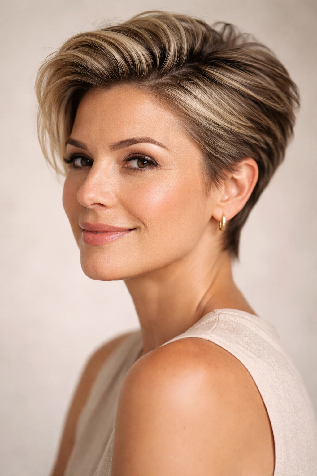 Close-up portrait of a woman with a swept-back textured pixie haircut