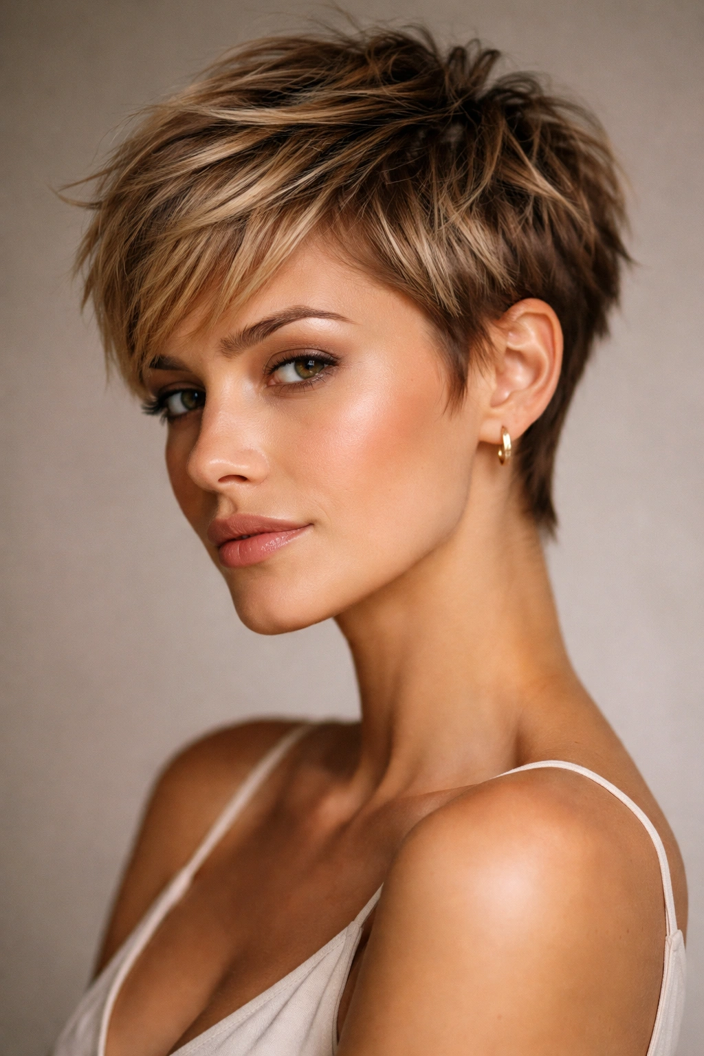 Portrait of a model with a textured pixie highlighting cheekbones and facial structure.